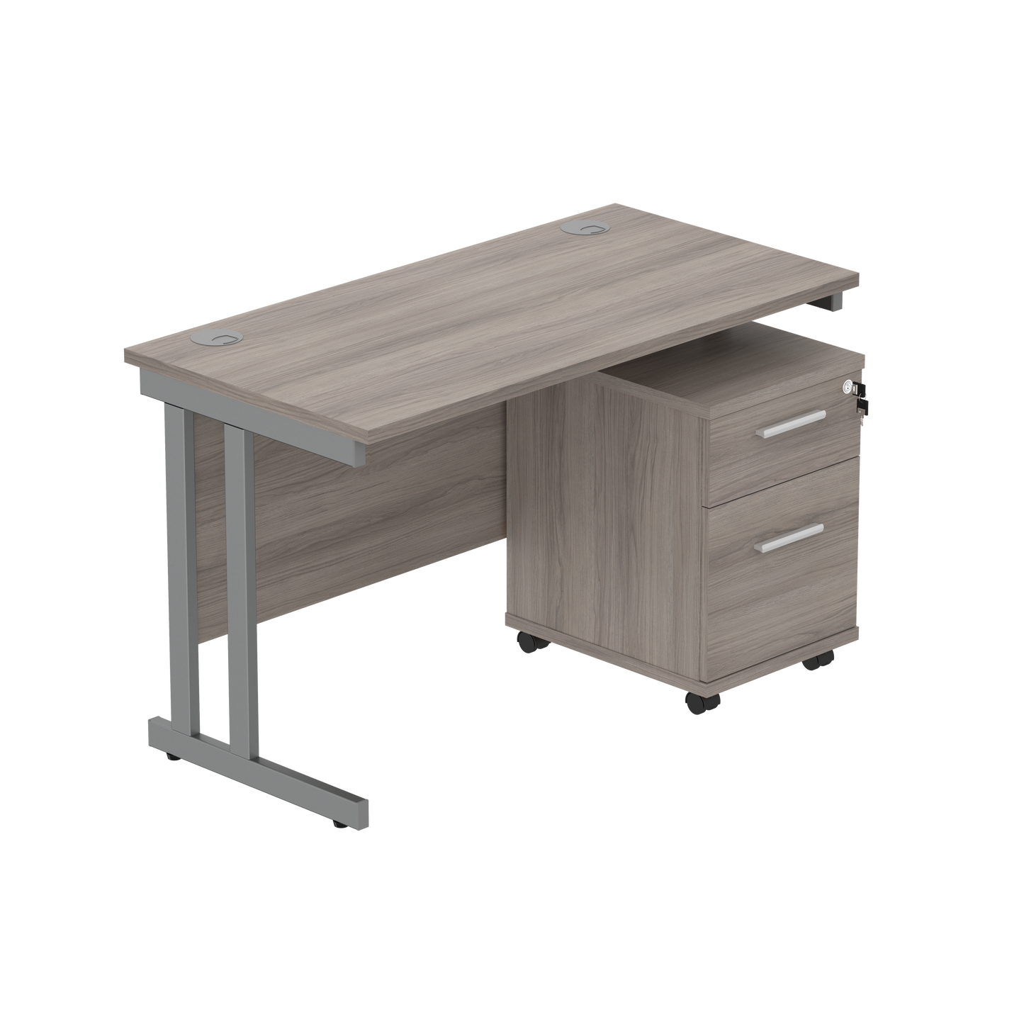 Double Upright Rectangular Desk + 2 Drawer Mobile Under Desk Pedestal (FSC) | 1200X600 | Alaskan Grey Oak/Graphite