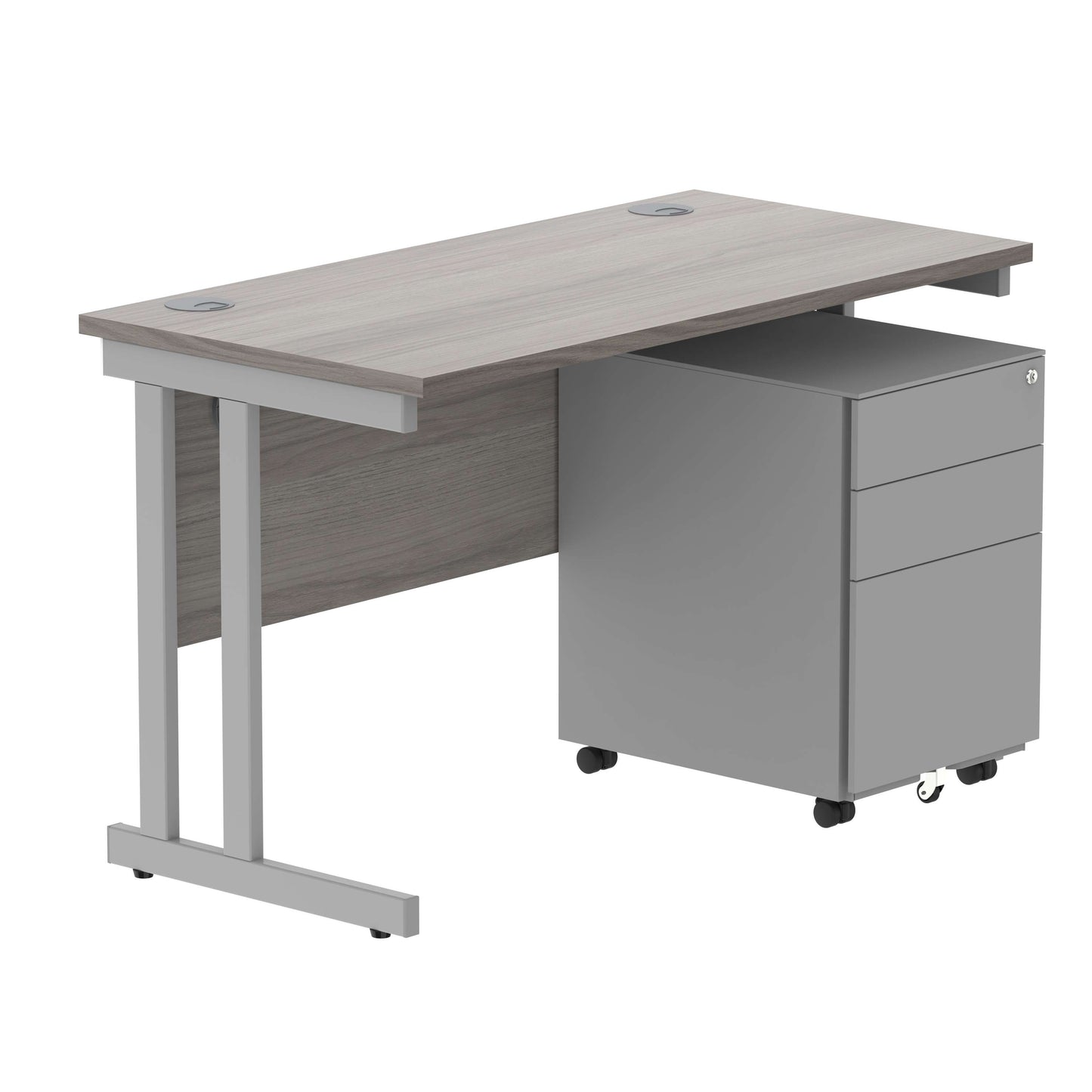 Double Upright Rectangular Desk + Under Desk Steel Pedestal 3 Drawers (FSC) | 1200X600 | Alaskan Grey Oak/Silver