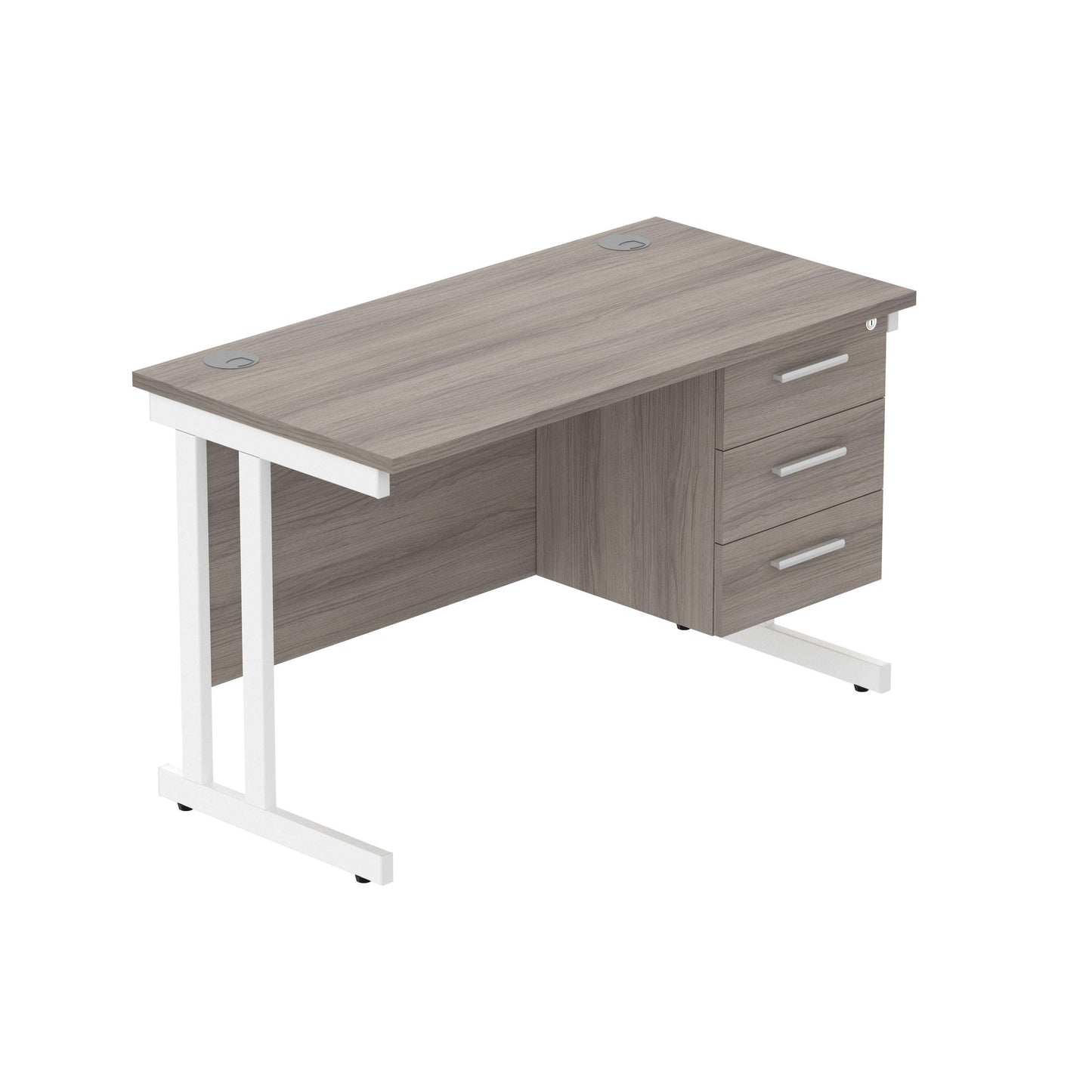 Office Rectangular Desk with Steel Double Upright Cantilever Legs + 3 Drawer Fixed Pedestal (FSC) | 1200X600 | Alaskan Grey Oak/White