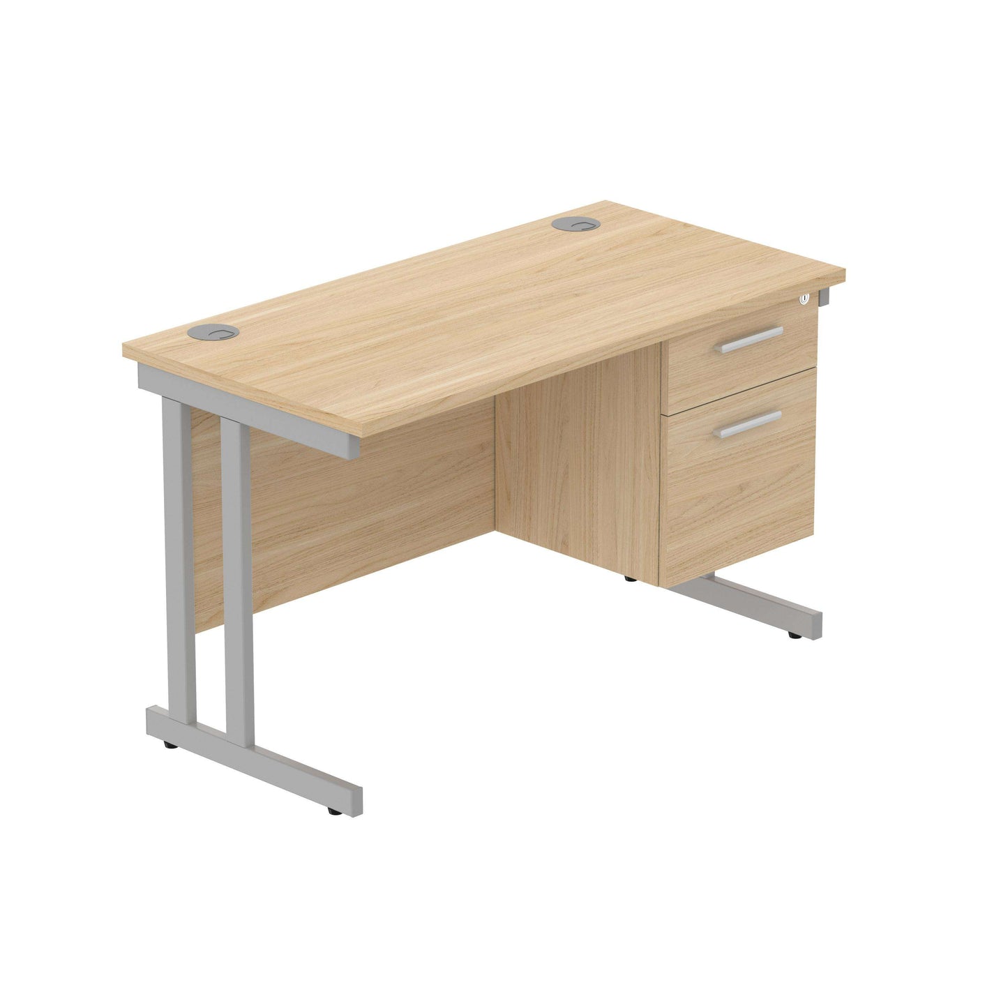 Office Rectangular Desk with Steel Double Upright Cantilever Legs + 2 Drawer Fixed Pedestal (FSC) | 1200X600 | Canadian Oak/Silver