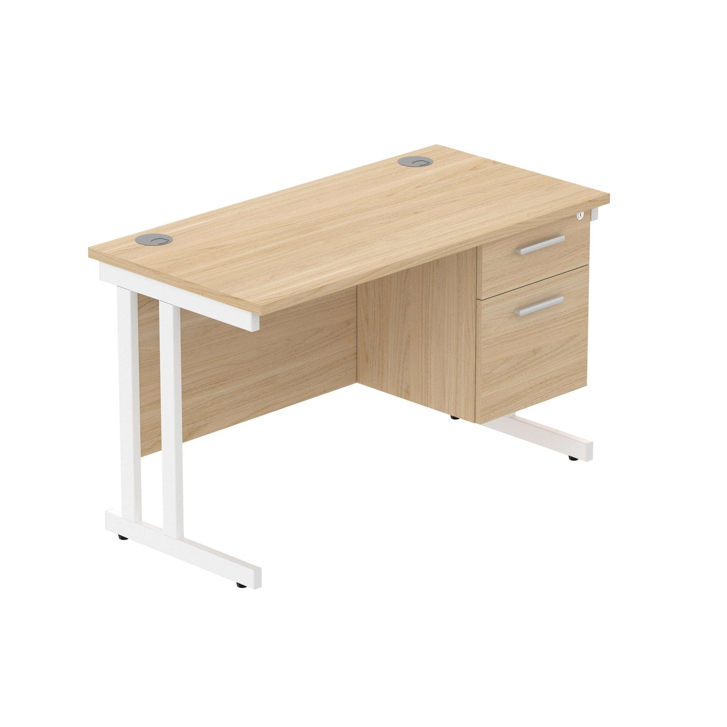 Office Rectangular Desk with Steel Double Upright Cantilever Legs + 2 Drawer Fixed Pedestal (FSC) | 1200X600 | Canadian Oak/White