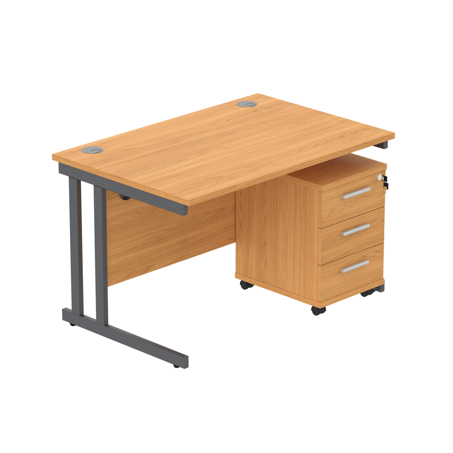 Double Upright Rectangular Desk + 3 Drawer Mobile Under Desk Pedestal (FSC) | 1200X800 | Norwegian Beech/Graphite