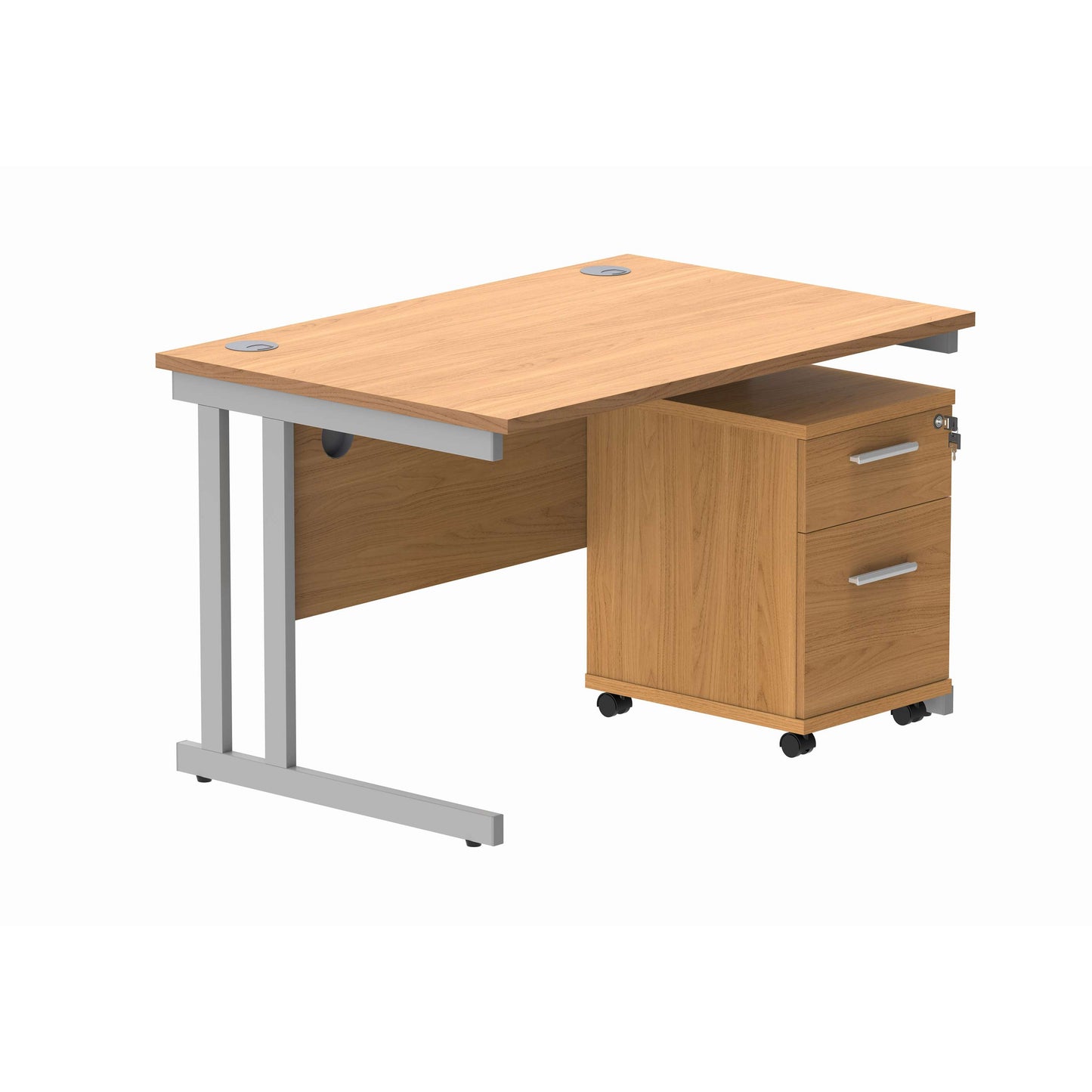 Double Upright Rectangular Desk + 2 Drawer Mobile Under Desk Pedestal (FSC) | 1200X800 | Norwegian Beech/Silver