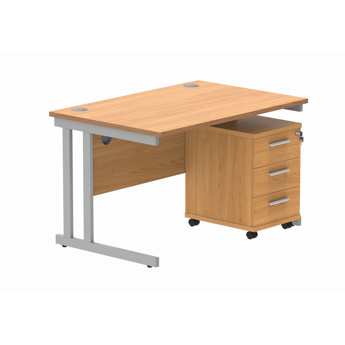 Double Upright Rectangular Desk + 3 Drawer Mobile Under Desk Pedestal (FSC) | 1200X800 | Norwegian Beech/Silver