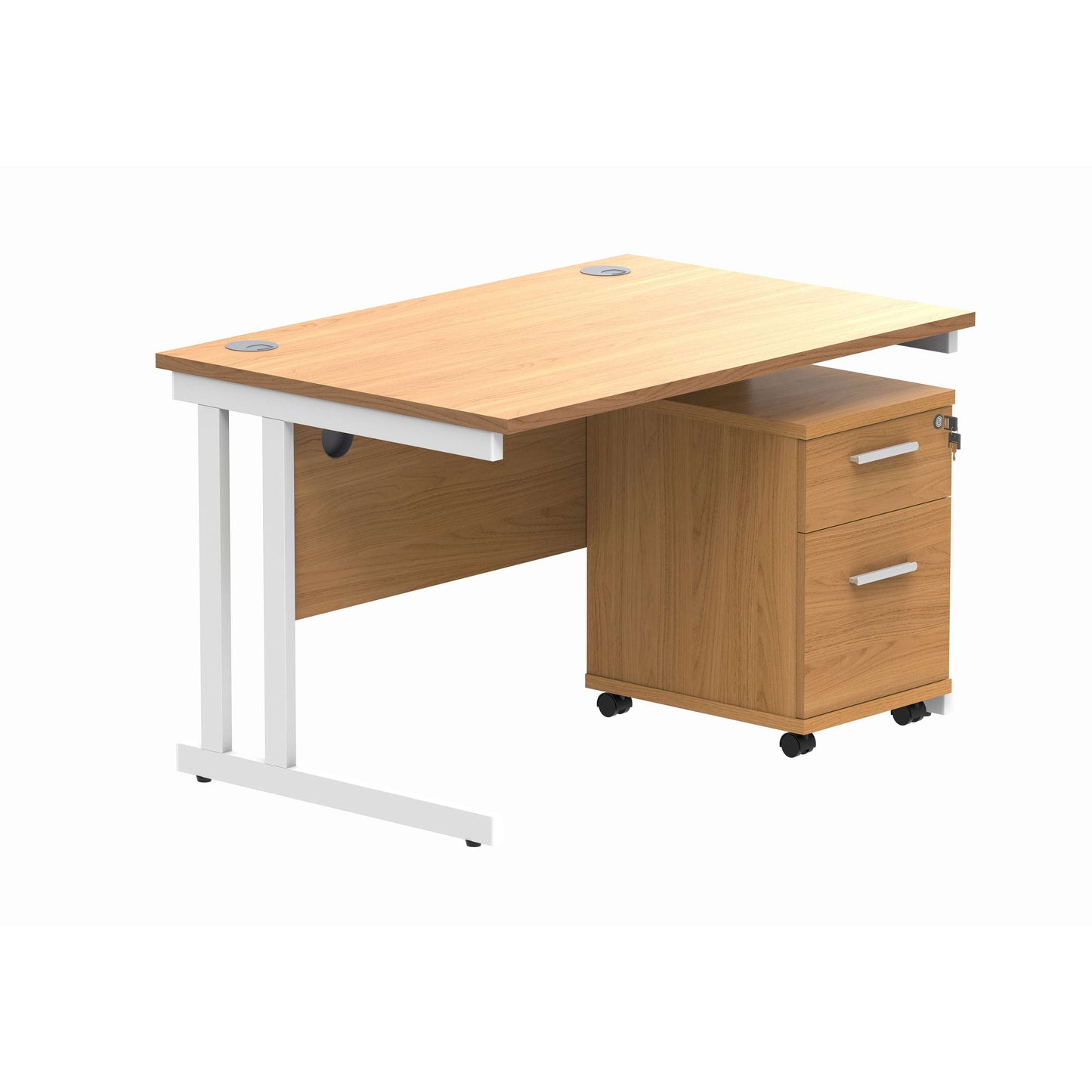 Double Upright Rectangular Desk + 2 Drawer Mobile Under Desk Pedestal (FSC) | 1200X800 | Norwegian Beech/White