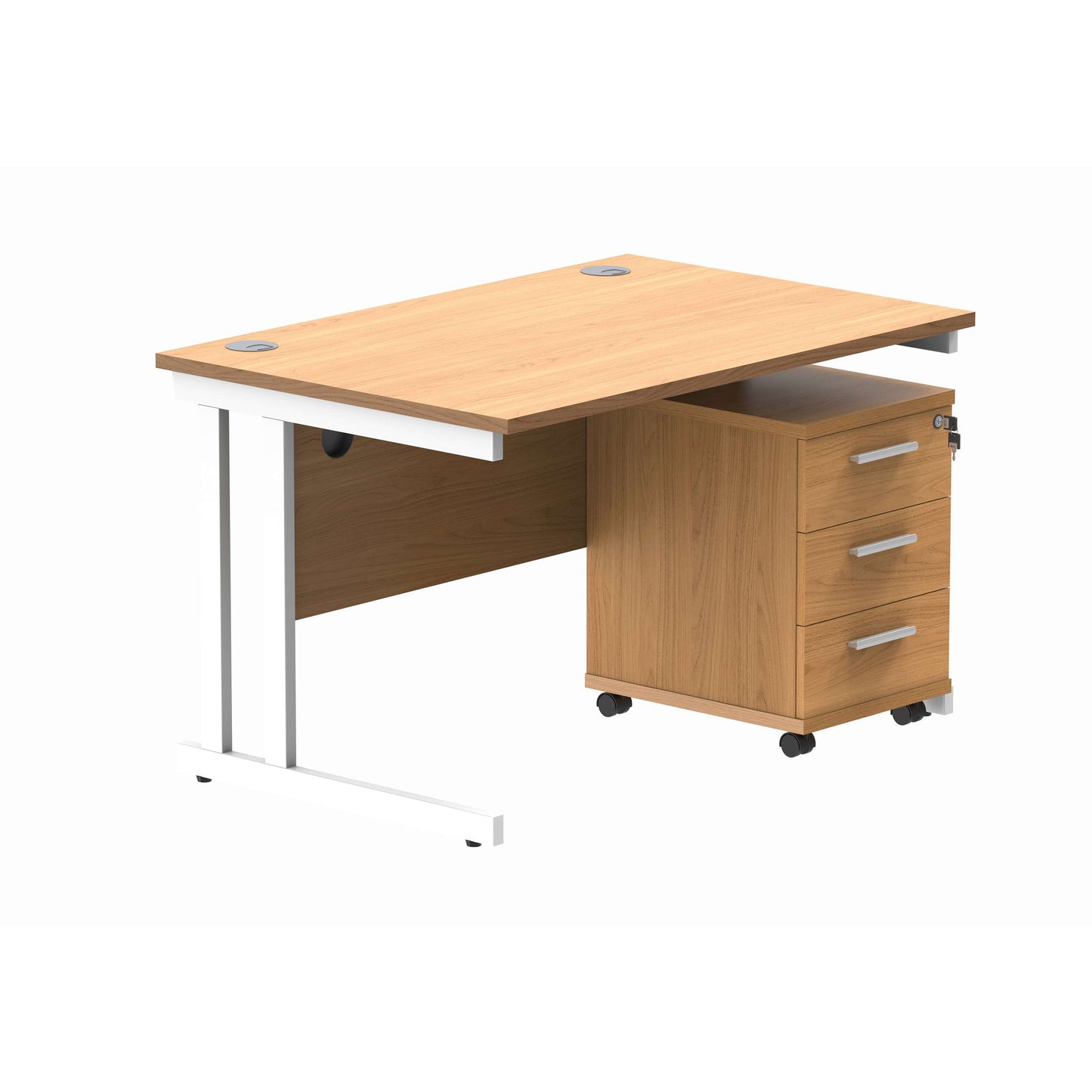 Double Upright Rectangular Desk + 3 Drawer Mobile Under Desk Pedestal (FSC) | 1200X800 | Norwegian Beech/White
