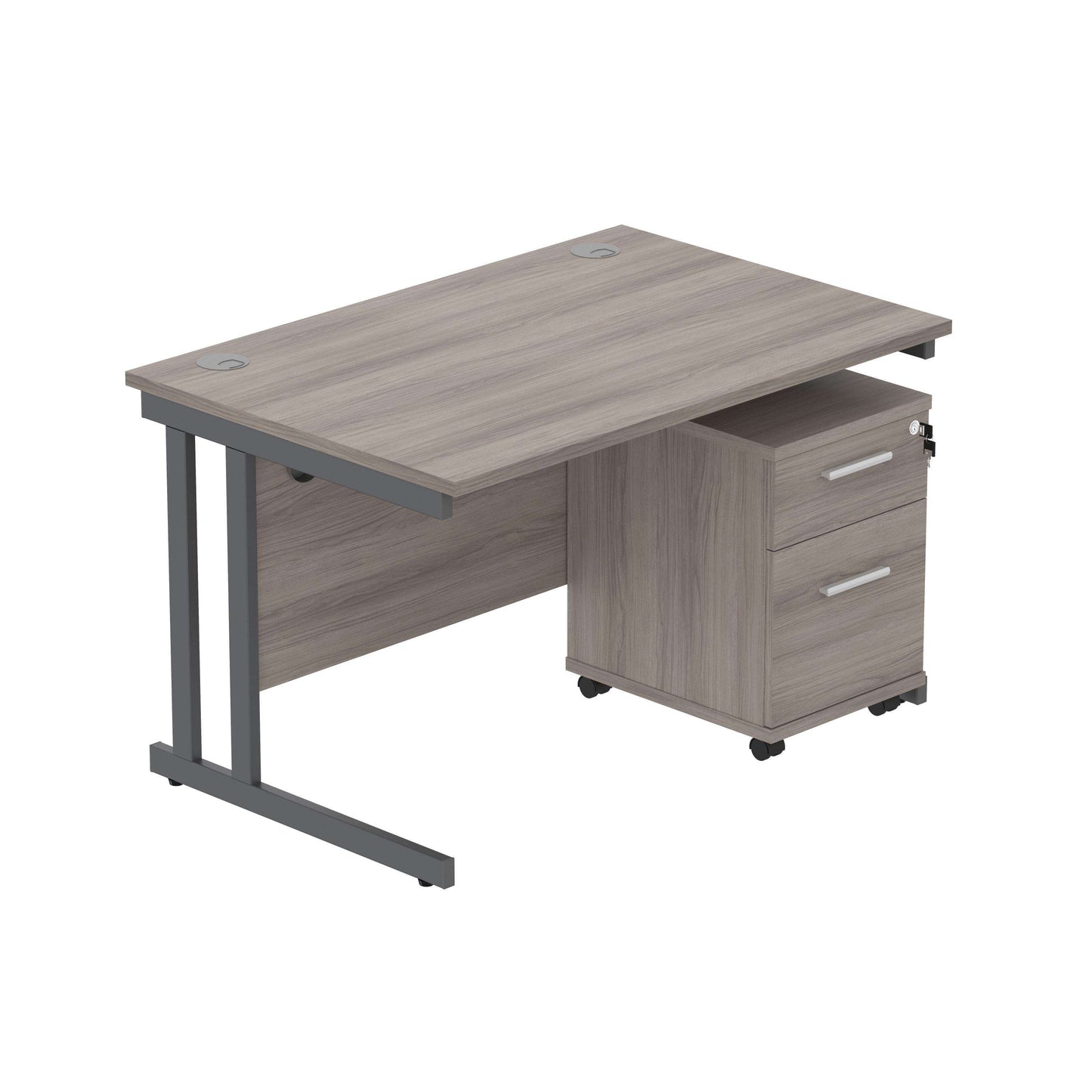 Double Upright Rectangular Desk + 2 Drawer Mobile Under Desk Pedestal (FSC) | 1200X800 | Alaskan Grey Oak/Graphite