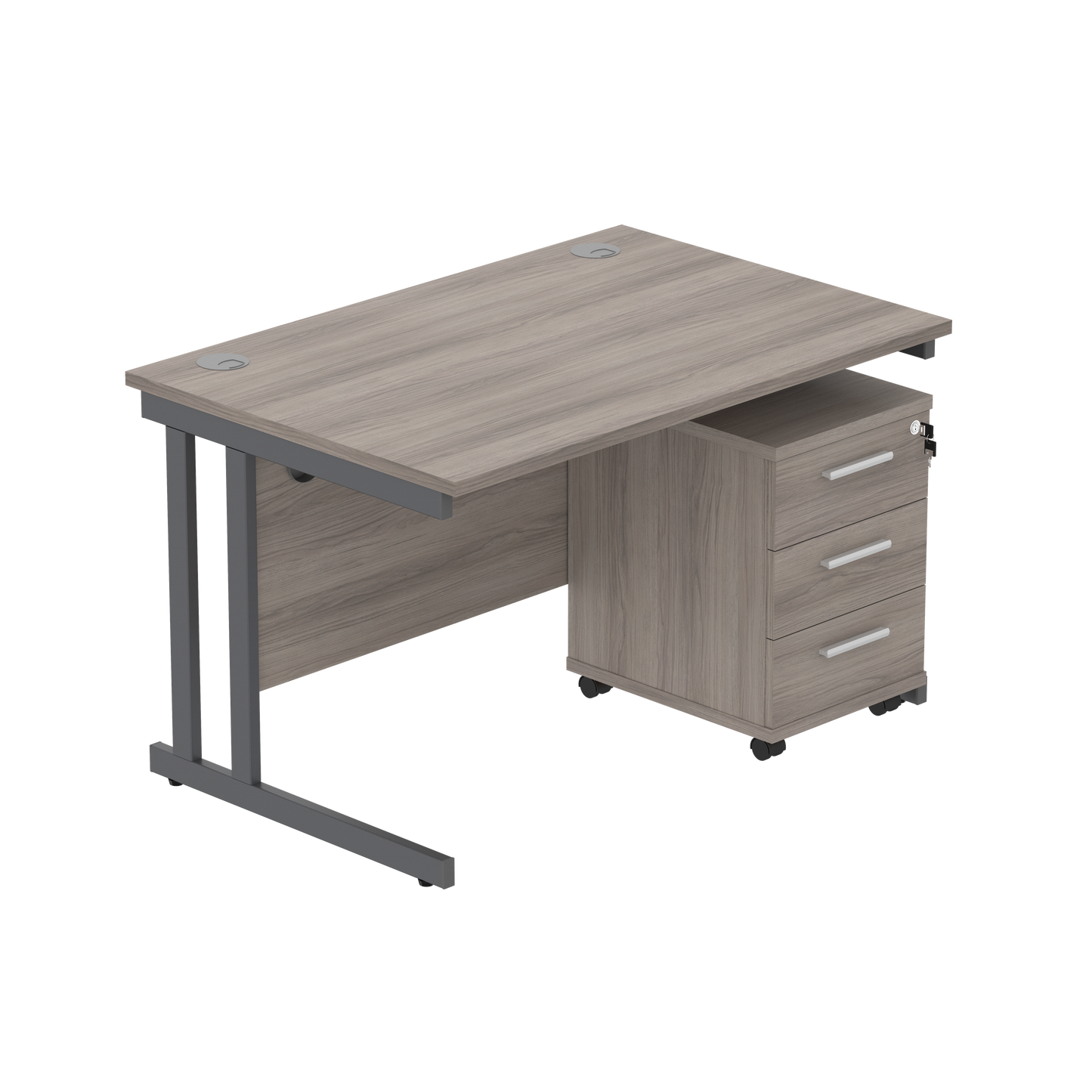 Double Upright Rectangular Desk + 3 Drawer Mobile Under Desk Pedestal (FSC) | 1200X800 | Alaskan Grey Oak/Graphite