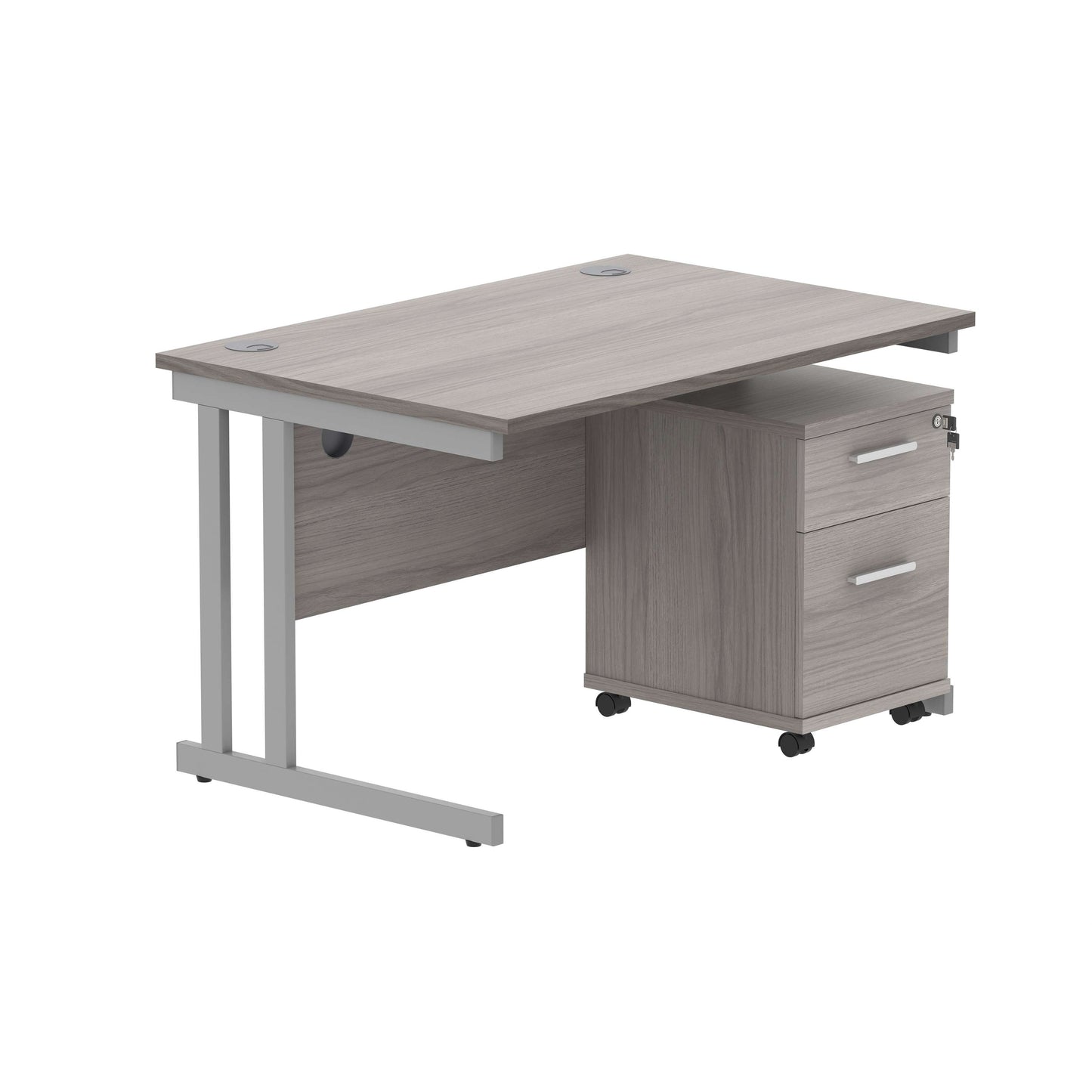 Double Upright Rectangular Desk + 2 Drawer Mobile Under Desk Pedestal (FSC) | 1200X800 | Alaskan Grey Oak/Silver
