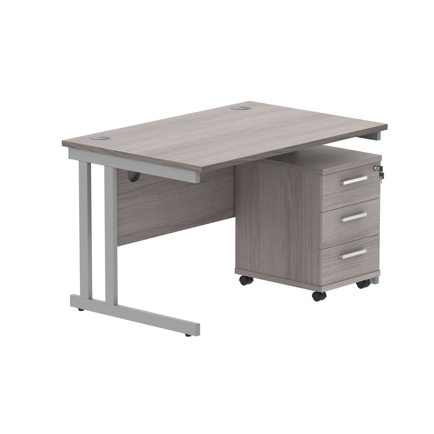 Double Upright Rectangular Desk + 3 Drawer Mobile Under Desk Pedestal (FSC) | 1200X800 | Alaskan Grey Oak/Silver