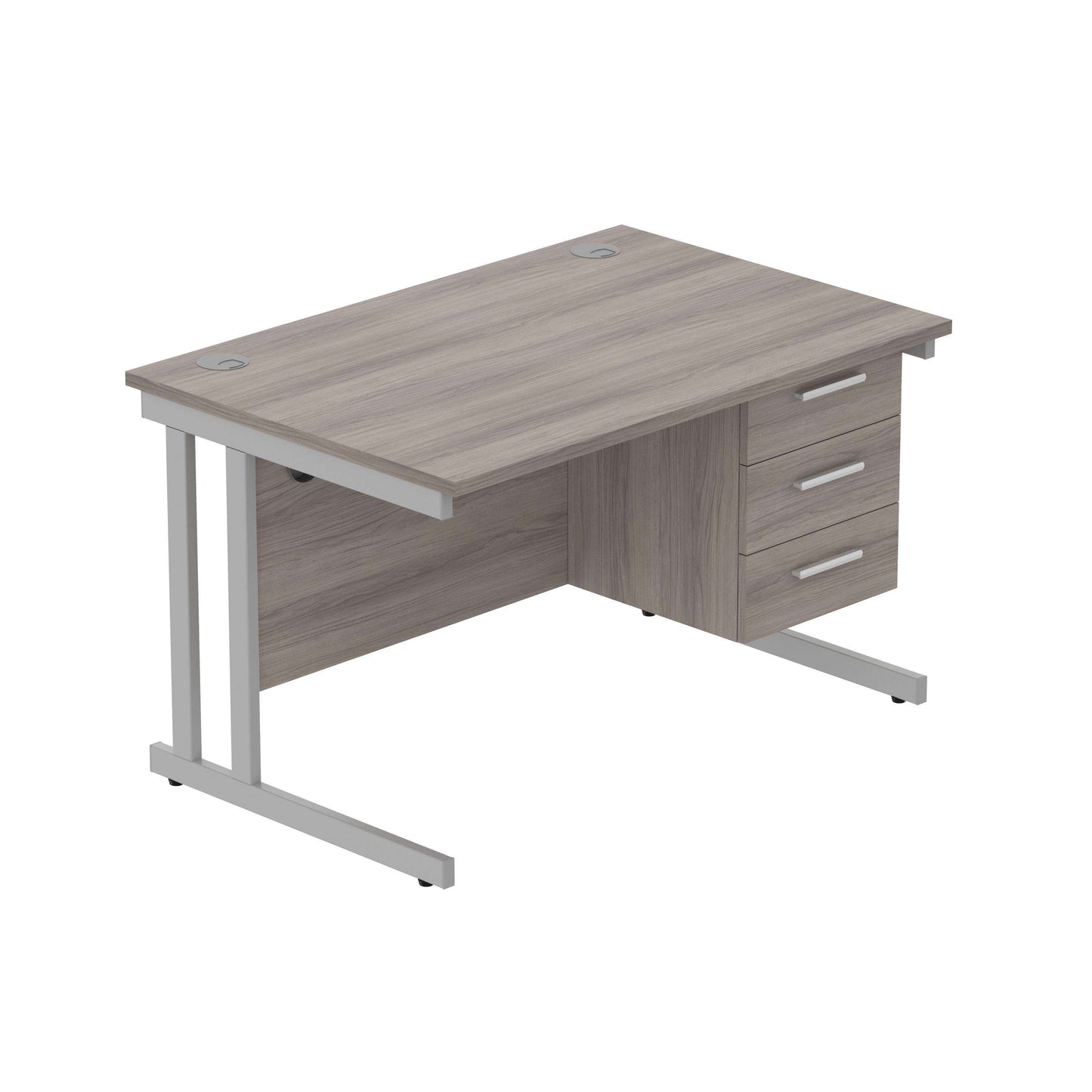 Office Rectangular Desk with Steel Double Upright Cantilever Legs + 3 Drawer Fixed Pedestal (FSC) | 1200X800 | Alaskan Grey Oak/Silver
