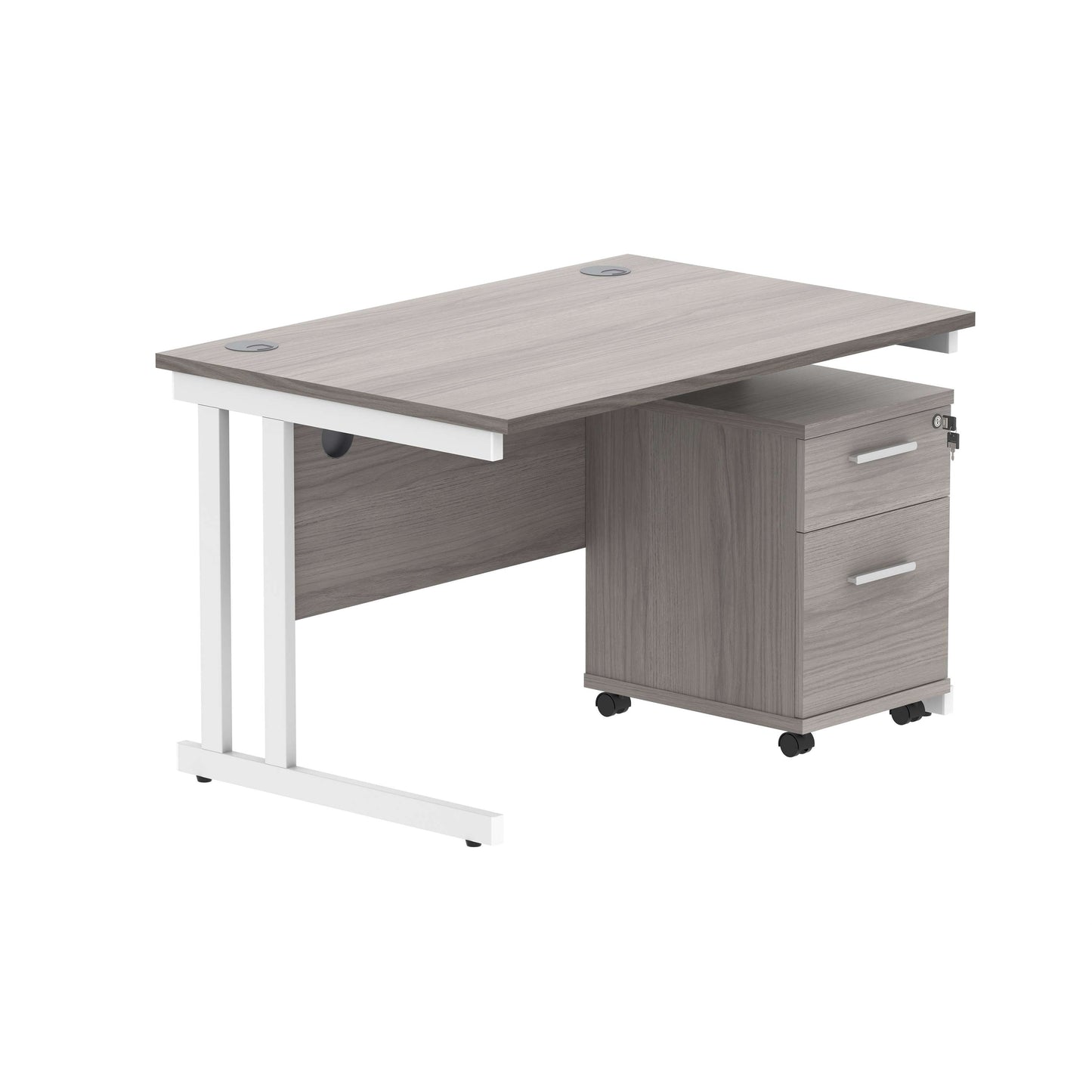 Double Upright Rectangular Desk + 2 Drawer Mobile Under Desk Pedestal (FSC) | 1200X800 | Alaskan Grey Oak/White