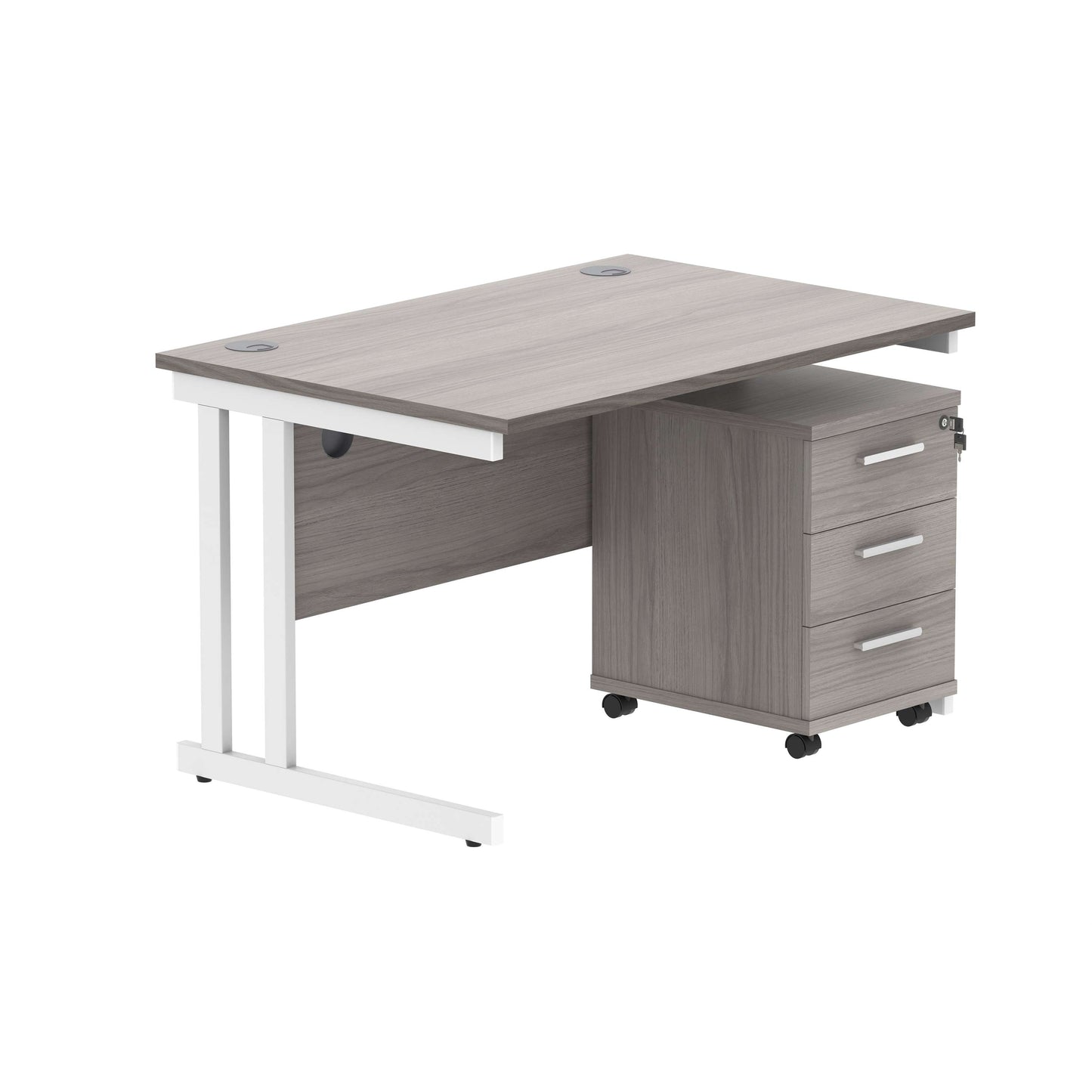 Double Upright Rectangular Desk + 3 Drawer Mobile Under Desk Pedestal (FSC) | 1200X800 | Alaskan Grey Oak/White