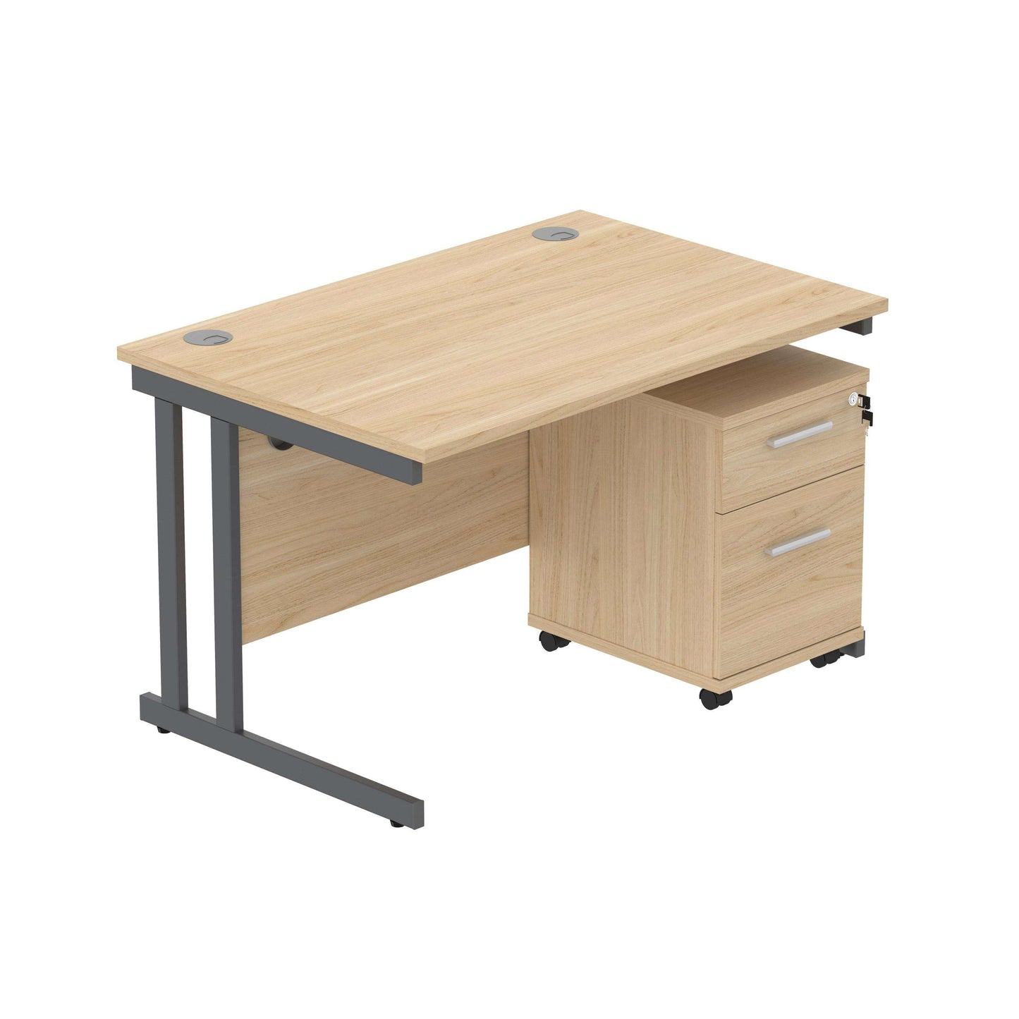 Double Upright Rectangular Desk + 2 Drawer Mobile Under Desk Pedestal (FSC) | 1200X800 | Canadian Oak/Graphite