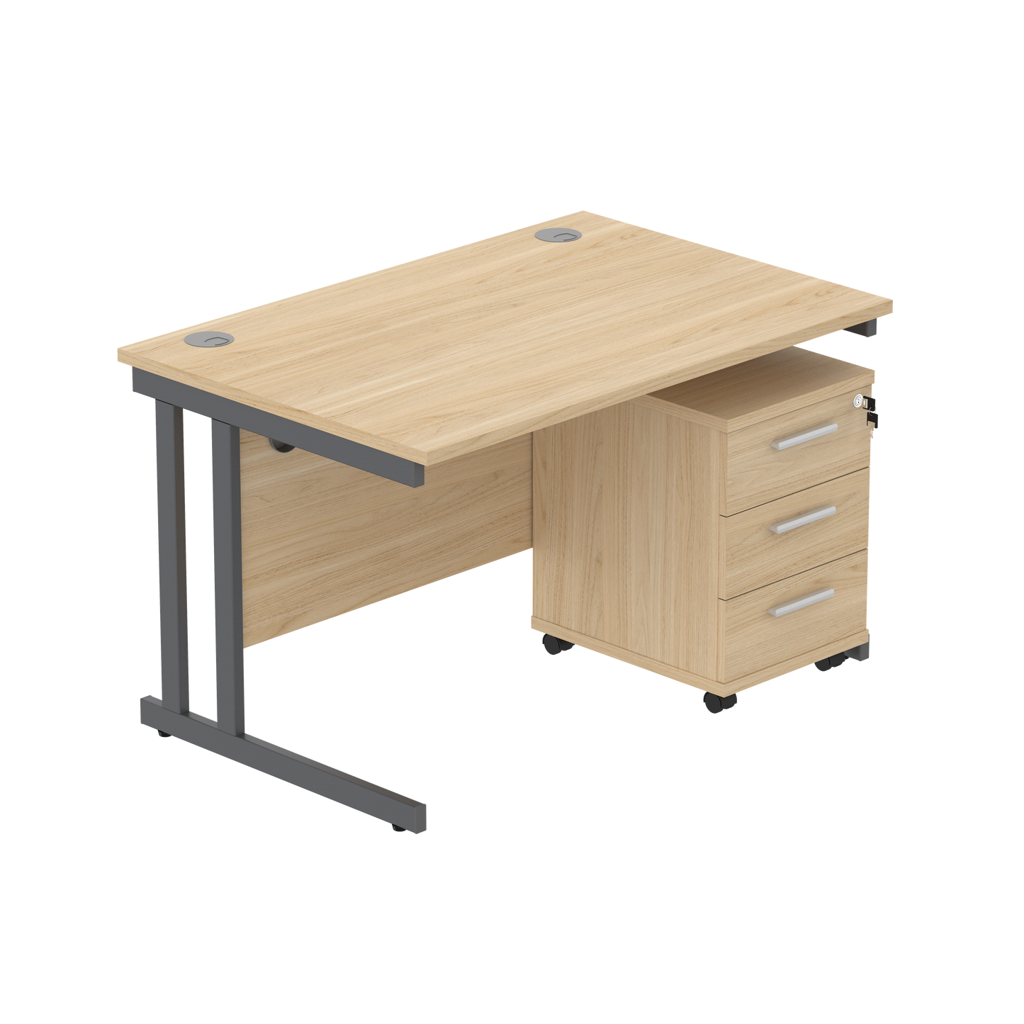Double Upright Rectangular Desk + 3 Drawer Mobile Under Desk Pedestal (FSC) | 1200X800 | Canadian Oak/Graphite