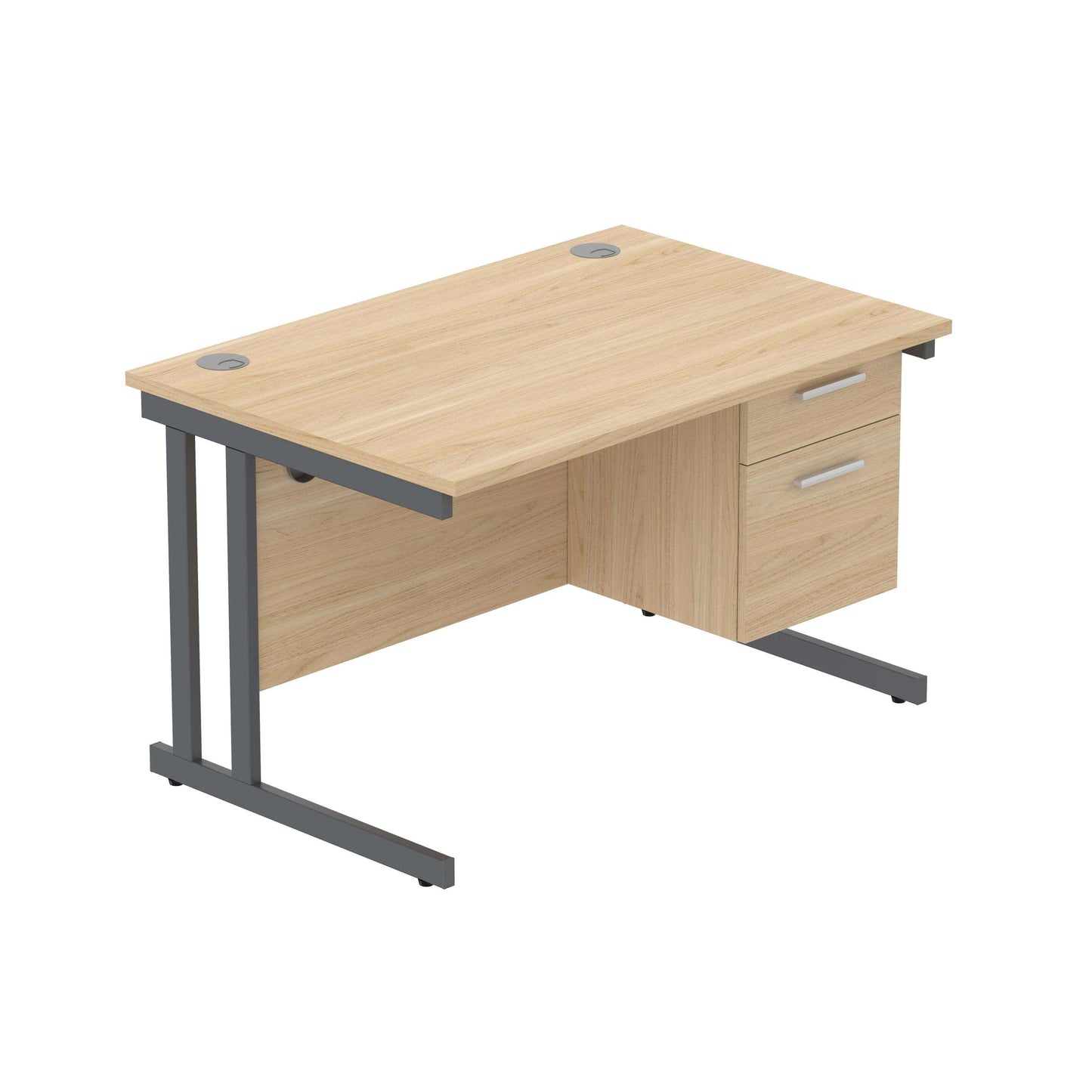 Office Rectangular Desk with Steel Double Upright Cantilever Legs + 2 Drawer Fixed Pedestal (FSC) | 1200X800 | Canadian Oak/Graphite