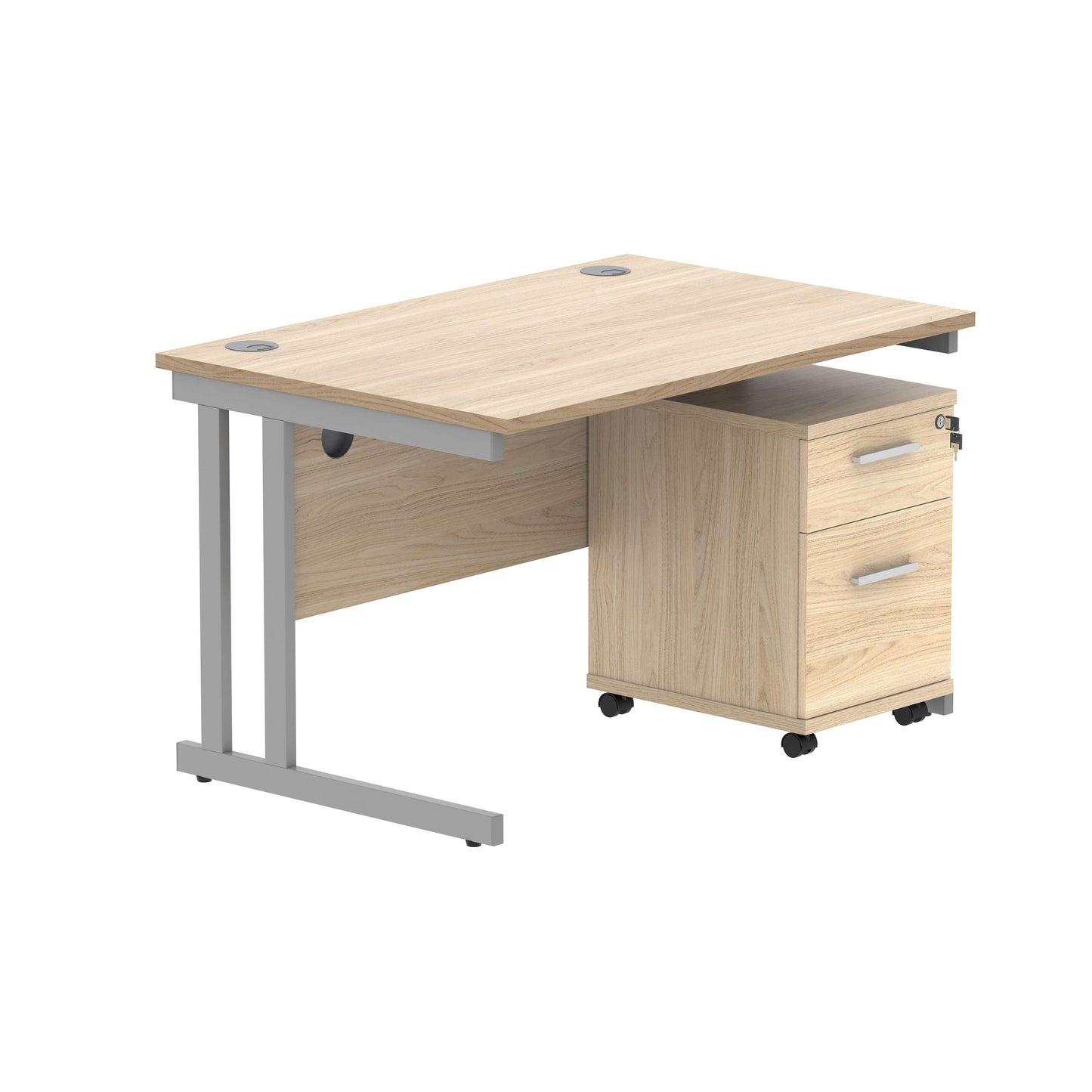 Double Upright Rectangular Desk + 2 Drawer Mobile Under Desk Pedestal (FSC) | 1200X800 | Canadian Oak/Silver