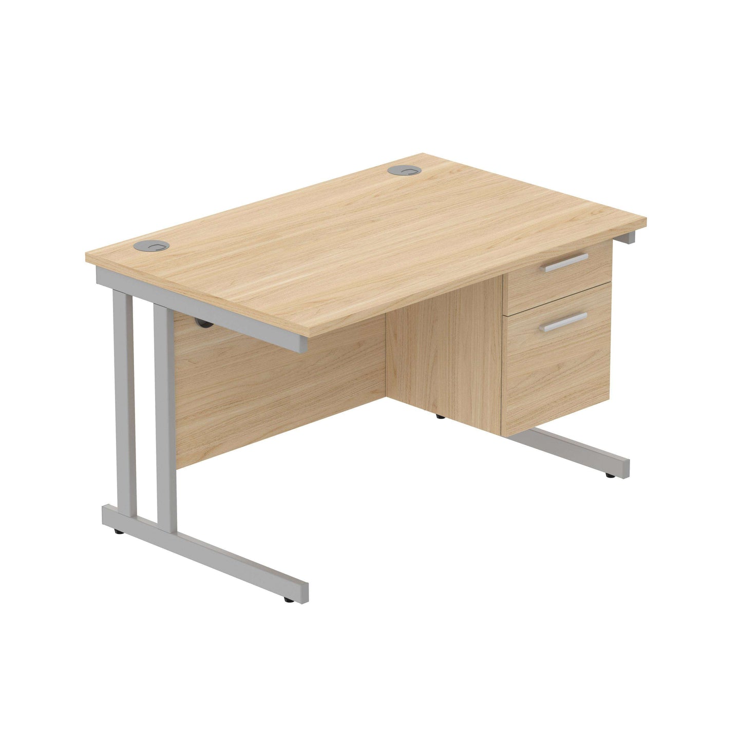 Office Rectangular Desk with Steel Double Upright Cantilever Legs + 2 Drawer Fixed Pedestal (FSC) | 1200X800 | Canadian Oak/Silver