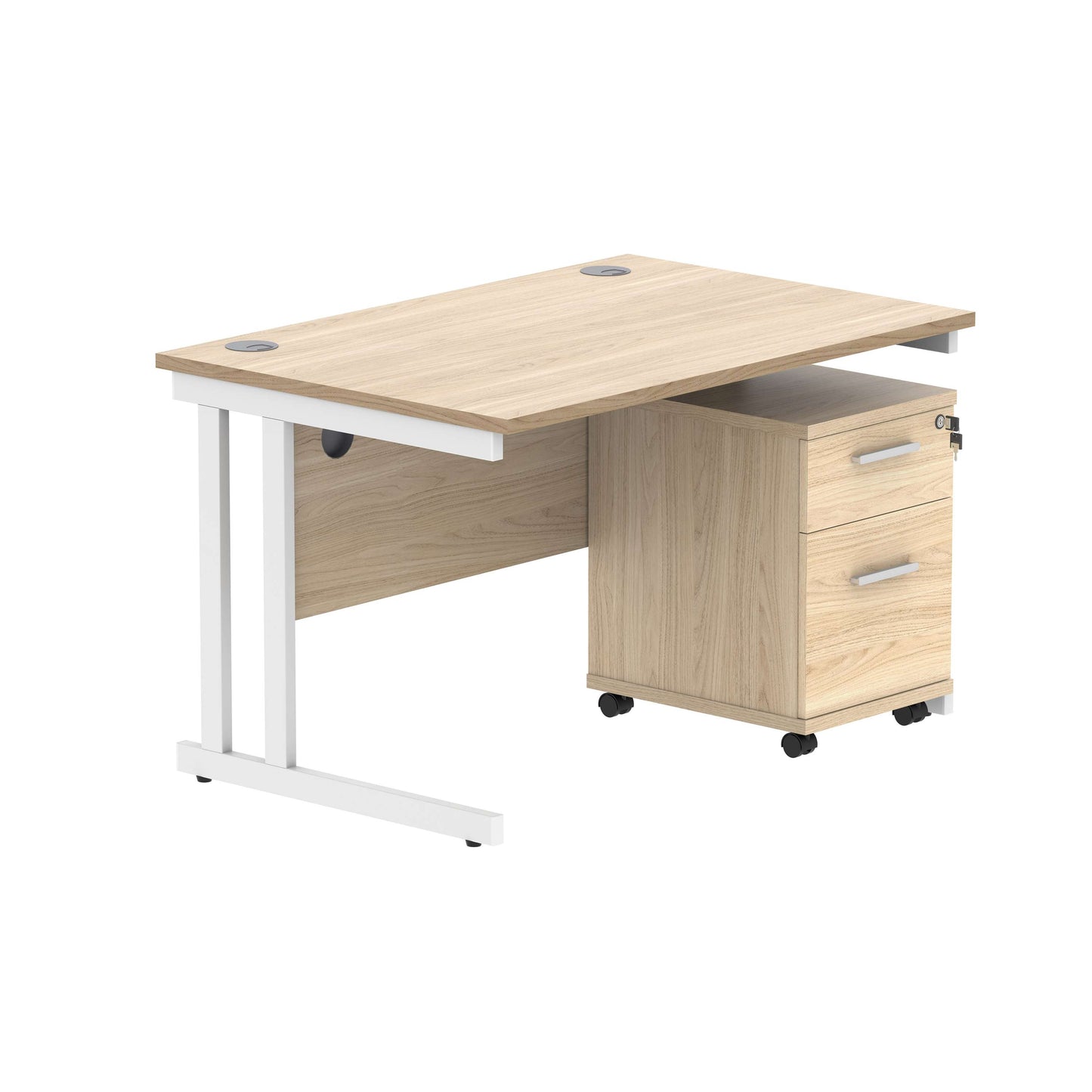 Double Upright Rectangular Desk + 2 Drawer Mobile Under Desk Pedestal (FSC) | 1200X800 | Canadian Oak/White