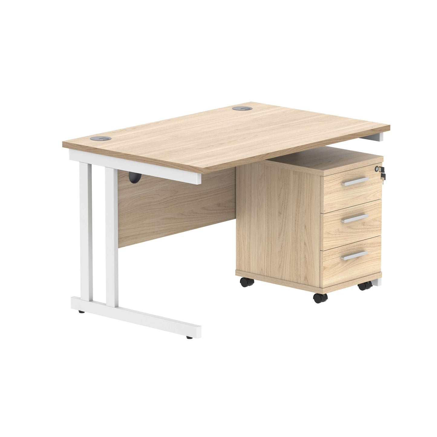Double Upright Rectangular Desk + 3 Drawer Mobile Under Desk Pedestal (FSC) | 1200X800 | Canadian Oak/White