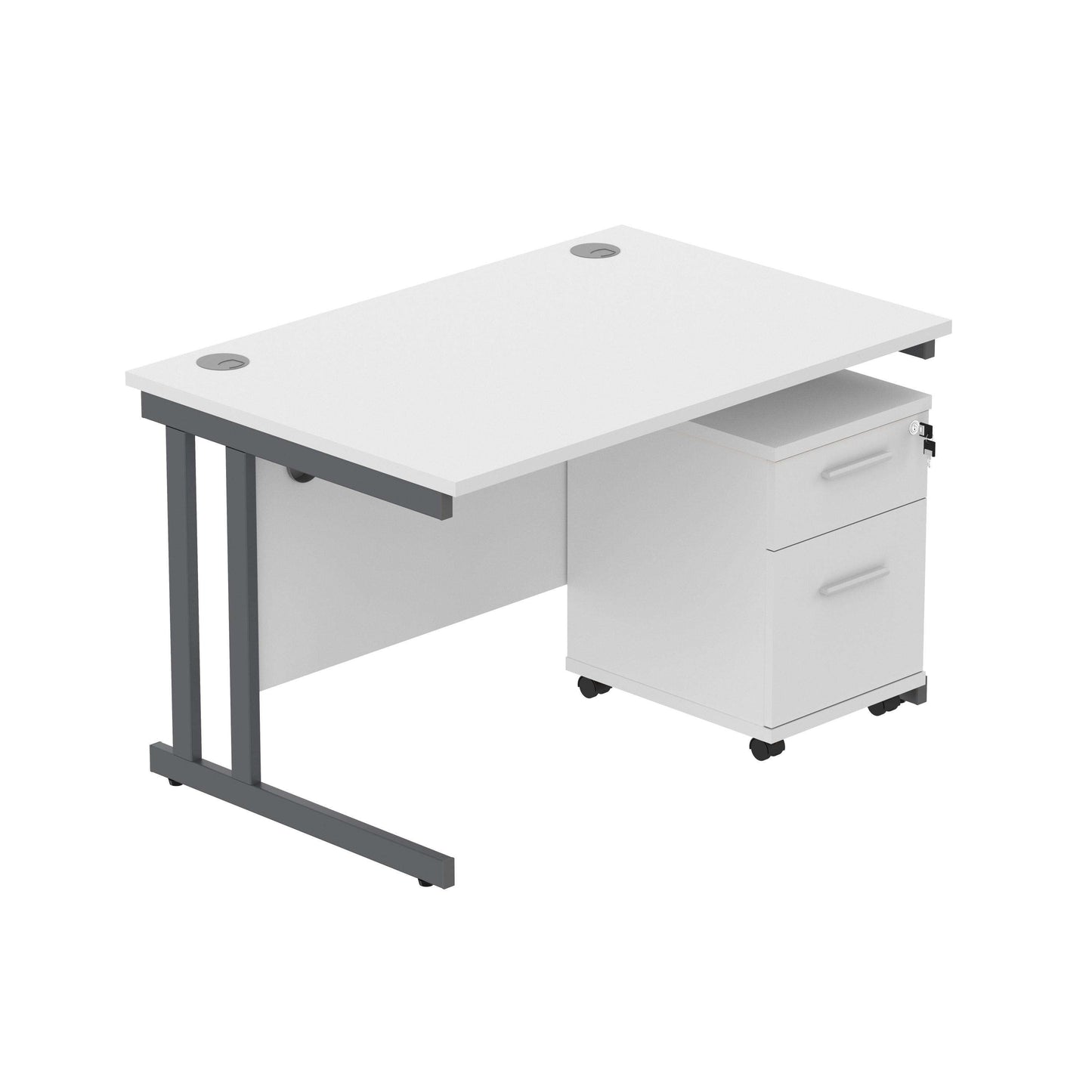 Double Upright Rectangular Desk + 2 Drawer Mobile Under Desk Pedestal (FSC) | 1200X800 | Arctic White/Graphite