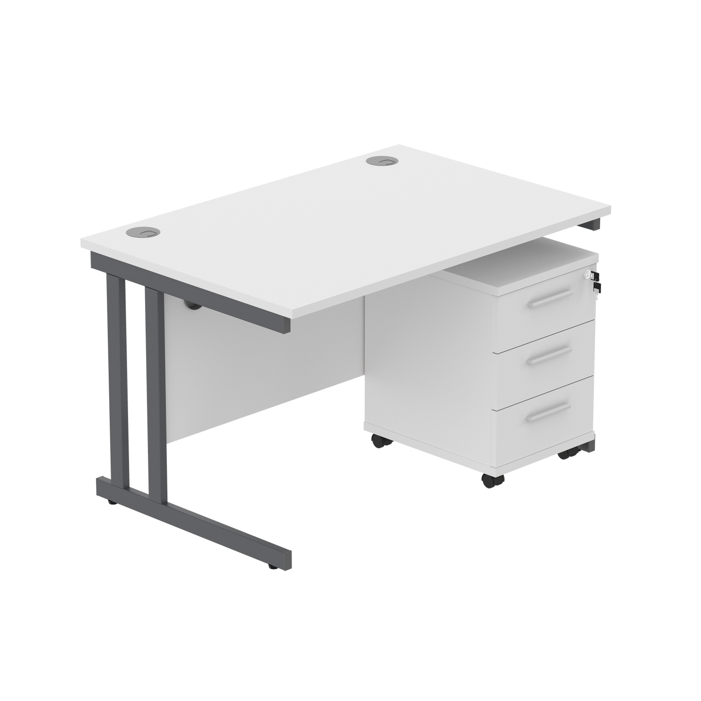 Double Upright Rectangular Desk + 3 Drawer Mobile Under Desk Pedestal (FSC) | 1200X800 | Arctic White/Graphite