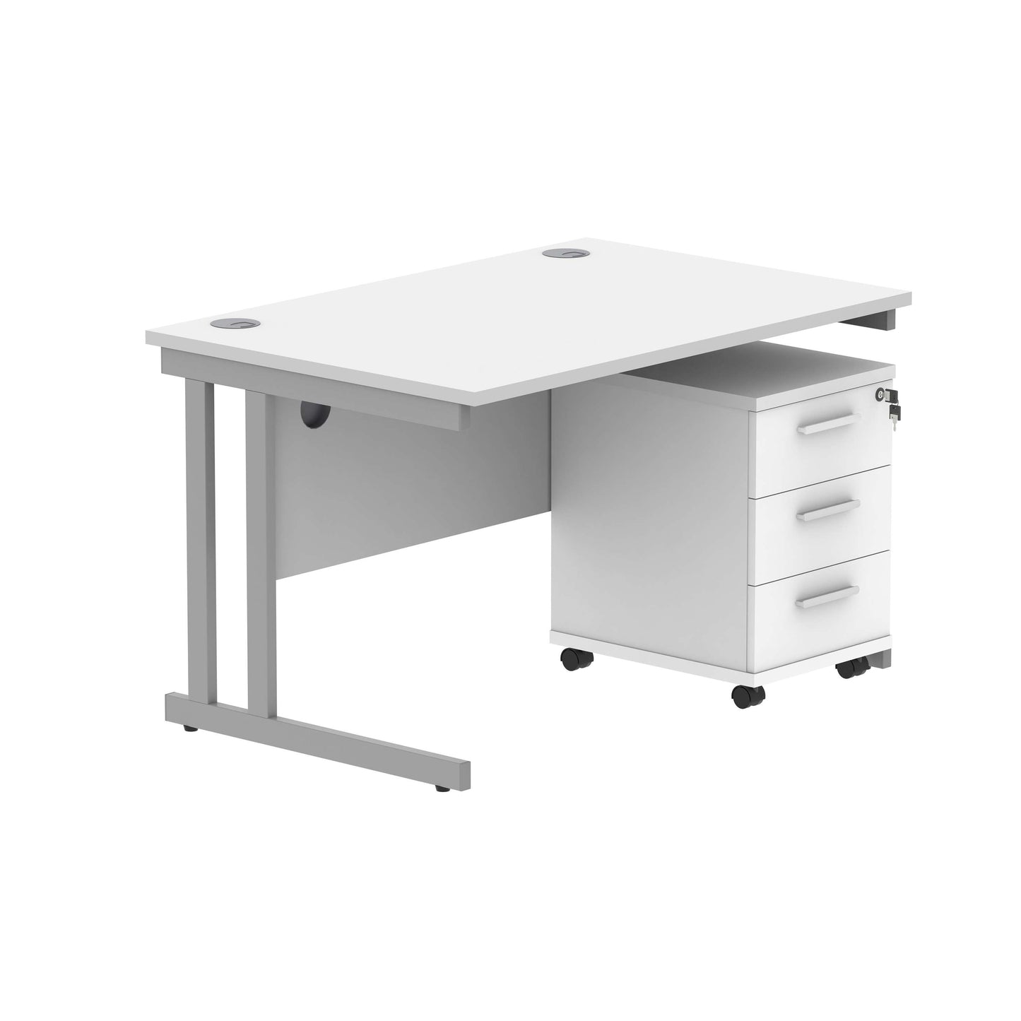 Double Upright Rectangular Desk + 2 Drawer Mobile Under Desk Pedestal (FSC) | 1200X800 | Arctic White/Silver