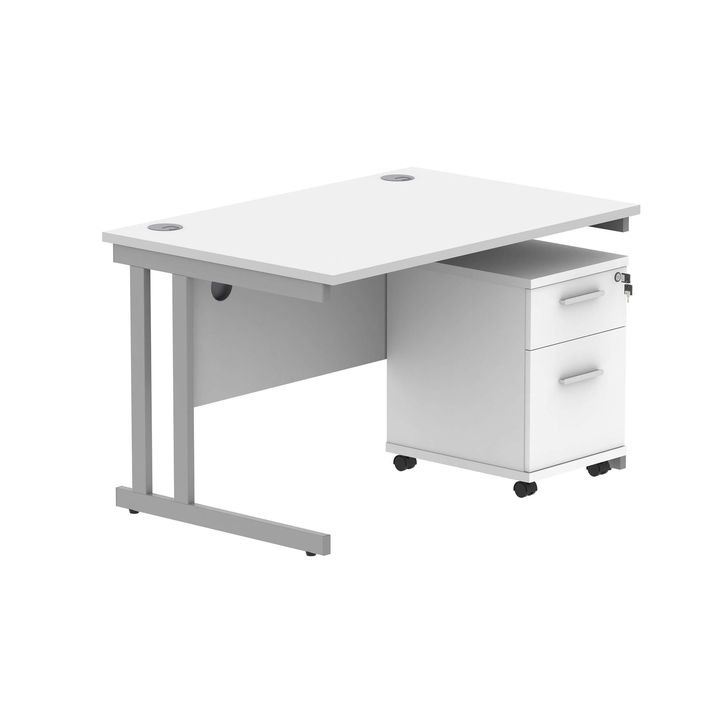 Double Upright Rectangular Desk + 3 Drawer Mobile Under Desk Pedestal (FSC) | 1200X800 | Arctic White/Silver