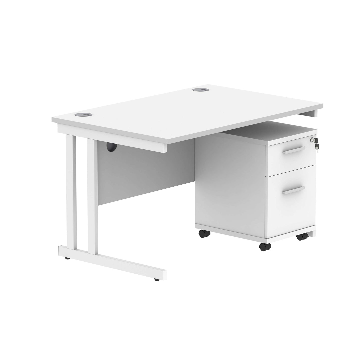 Double Upright Rectangular Desk + 2 Drawer Mobile Under Desk Pedestal (FSC) | 1200X800 | Arctic White/White