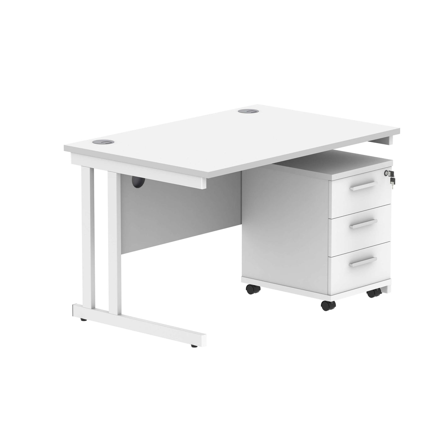 Double Upright Rectangular Desk + 3 Drawer Mobile Under Desk Pedestal (FSC) | 1200X800 | Arctic White/White
