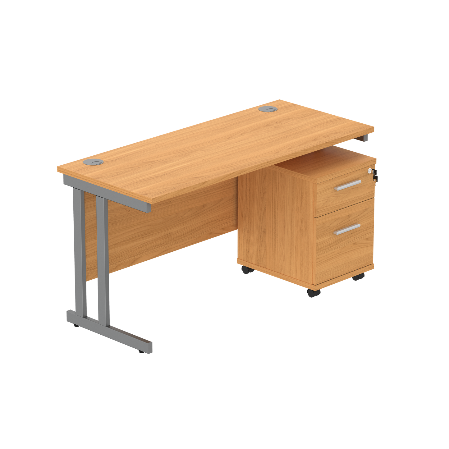 Double Upright Rectangular Desk + 2 Drawer Mobile Under Desk Pedestal (FSC) | 1400X600 | Norwegian Beech/Graphite