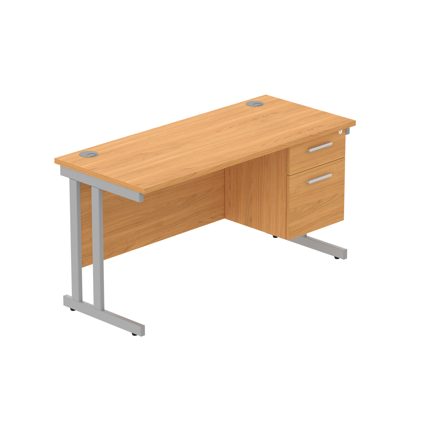 Office Rectangular Desk with Steel Double Upright Cantilever Legs + 2 Drawer Fixed Pedestal (FSC) | 1400X600 | Norwegian Beech/Silver