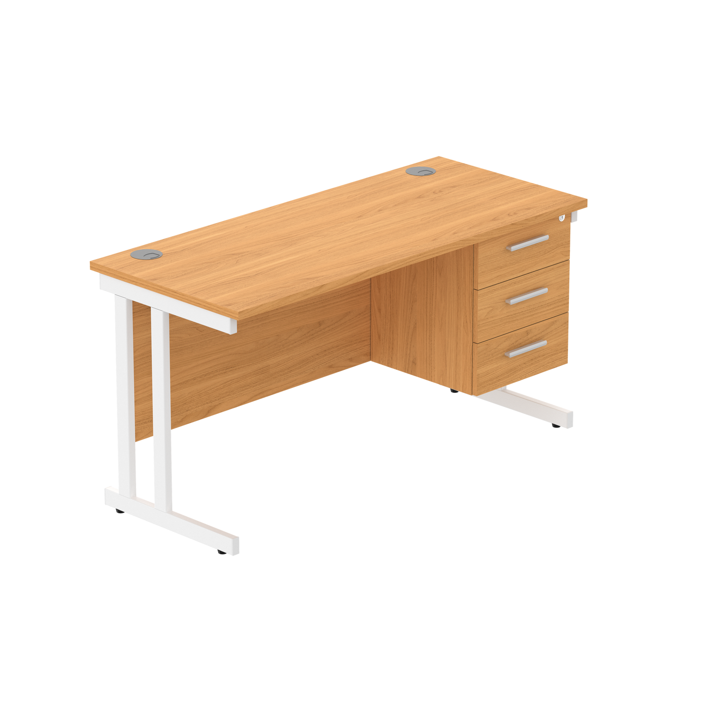 Office Rectangular Desk with Steel Double Upright Cantilever Legs + 3 Drawer Fixed Pedestal (FSC) | 1400X600 | Norwegian Beech/White