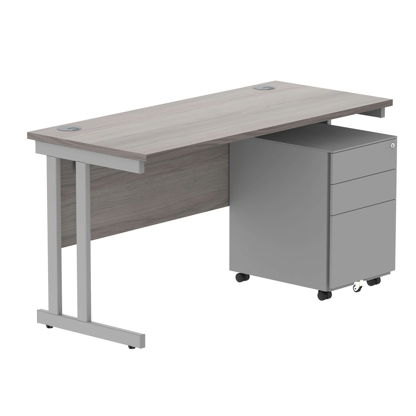 Double Upright Rectangular Desk + Under Desk Steel Pedestal 3 Drawers (FSC) | 1400X600 | Alaskan Grey Oak/Silver