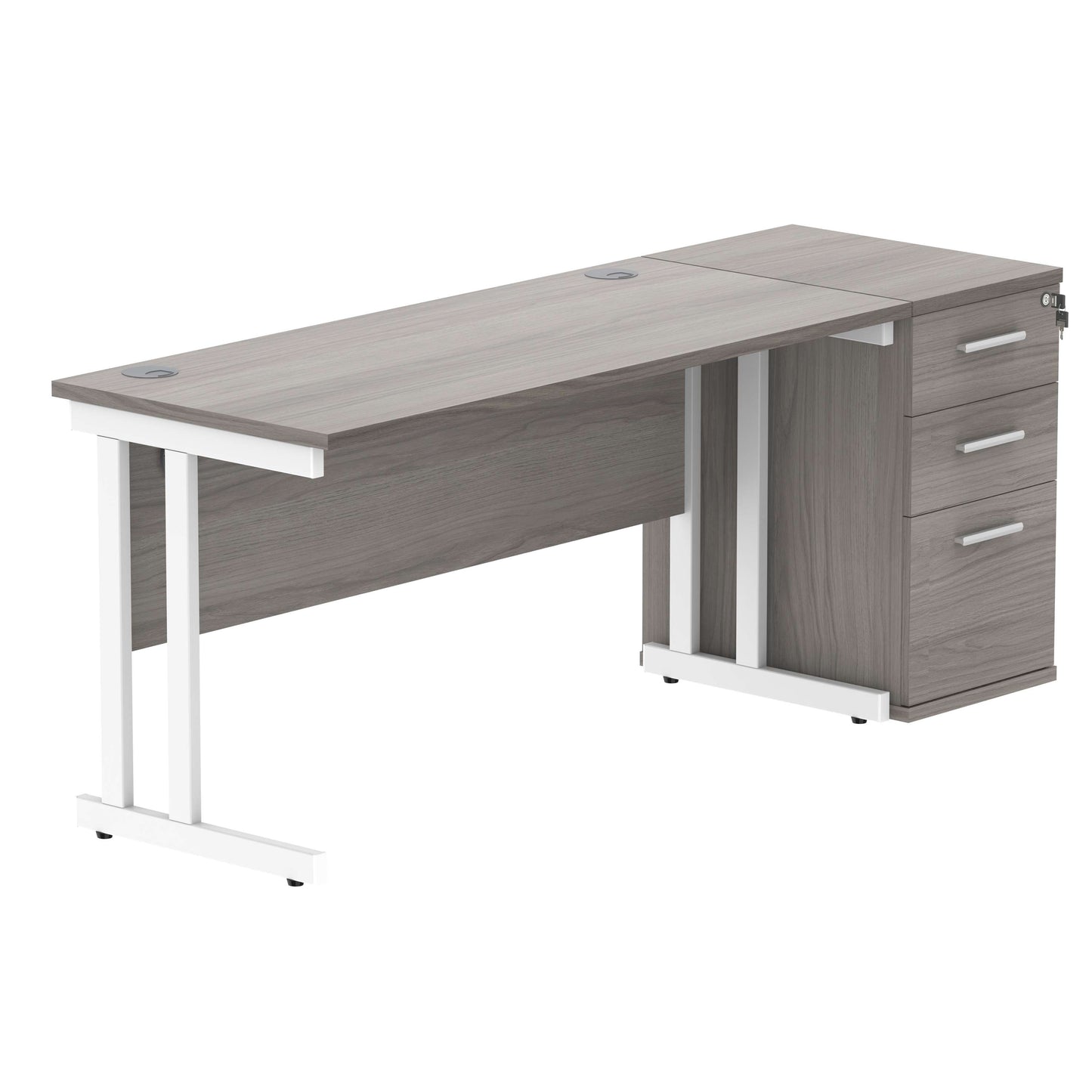 Double Upright Rectangular Desk + Desk High Pedestal (FSC) | 1400X600 | Alaskan Grey Oak/White