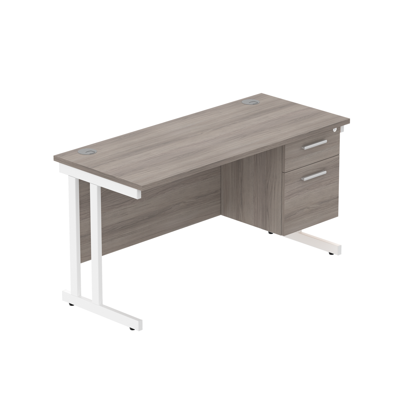 Office Rectangular Desk with Steel Double Upright Cantilever Legs + 2 Drawer Fixed Pedestal (FSC) | 1400X600 | Alaskan Grey Oak/White