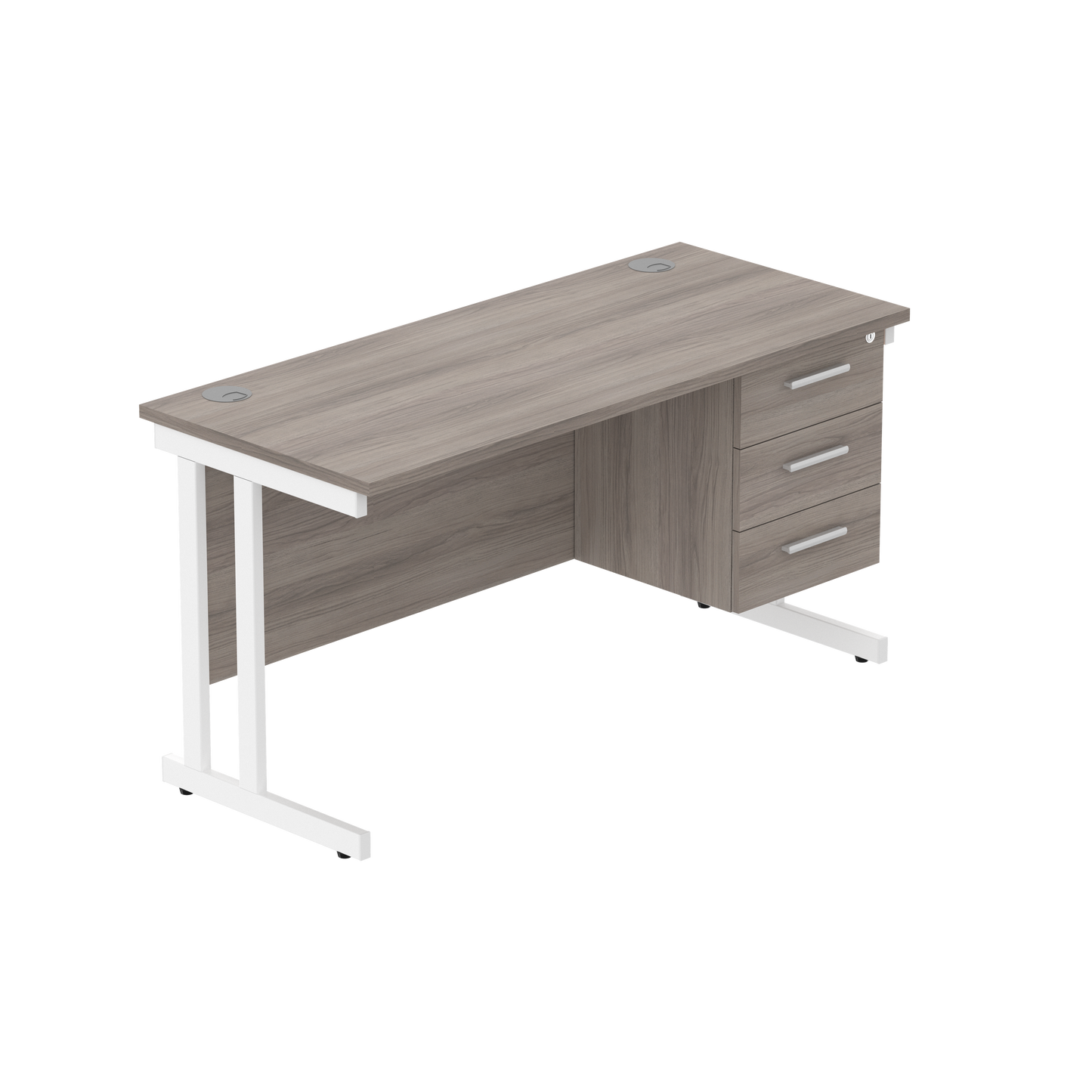 Office Rectangular Desk with Steel Double Upright Cantilever Legs + 3 Drawer Fixed Pedestal (FSC) | 1400X600 | Alaskan Grey Oak/White