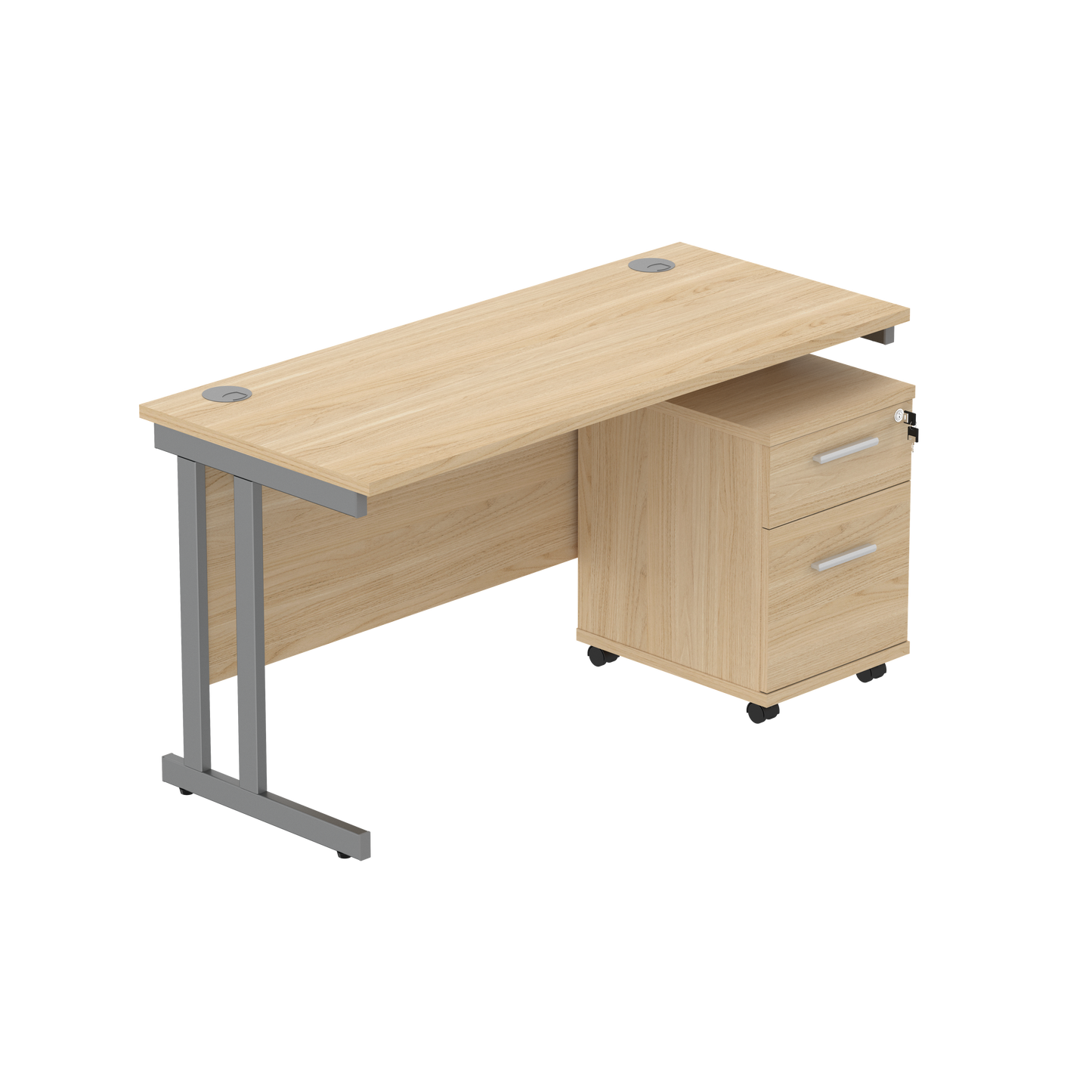Double Upright Rectangular Desk + 2 Drawer Mobile Under Desk Pedestal (FSC) | 1400X600 | Canadian Oak/Graphite
