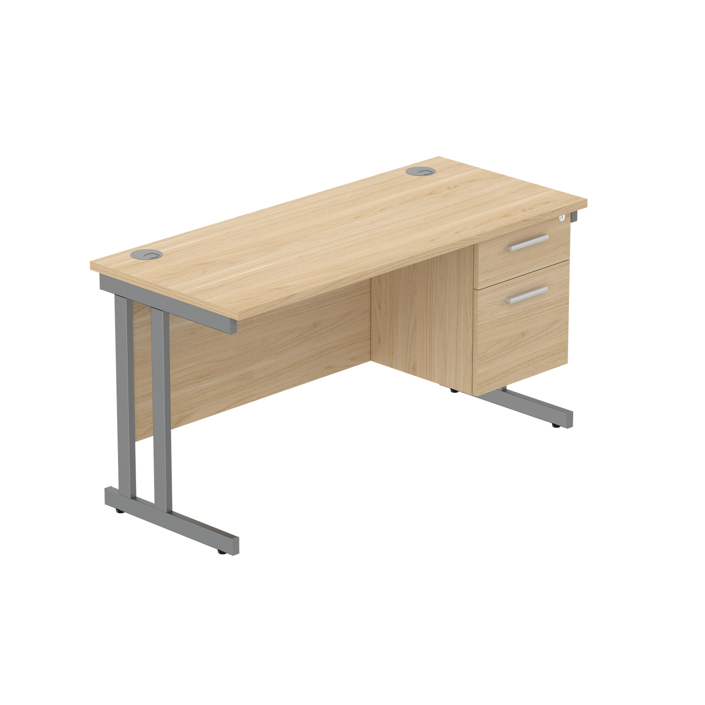 Office Rectangular Desk with Steel Double Upright Cantilever Legs + 2 Drawer Fixed Pedestal (FSC) | 1400X600 | Canadian Oak/Graphite