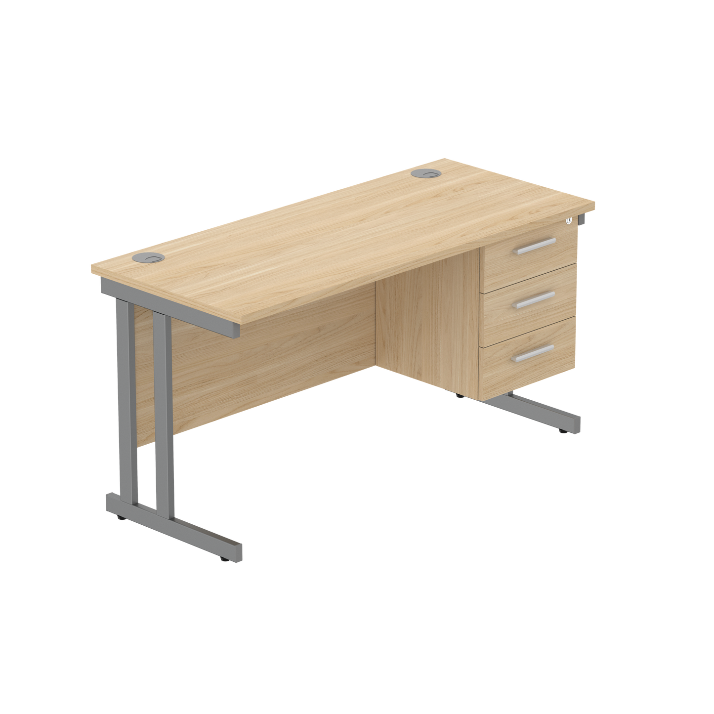 Office Rectangular Desk with Steel Double Upright Cantilever Legs + 3 Drawer Fixed Pedestal (FSC) | 1400X600 | Canadian Oak/Graphite