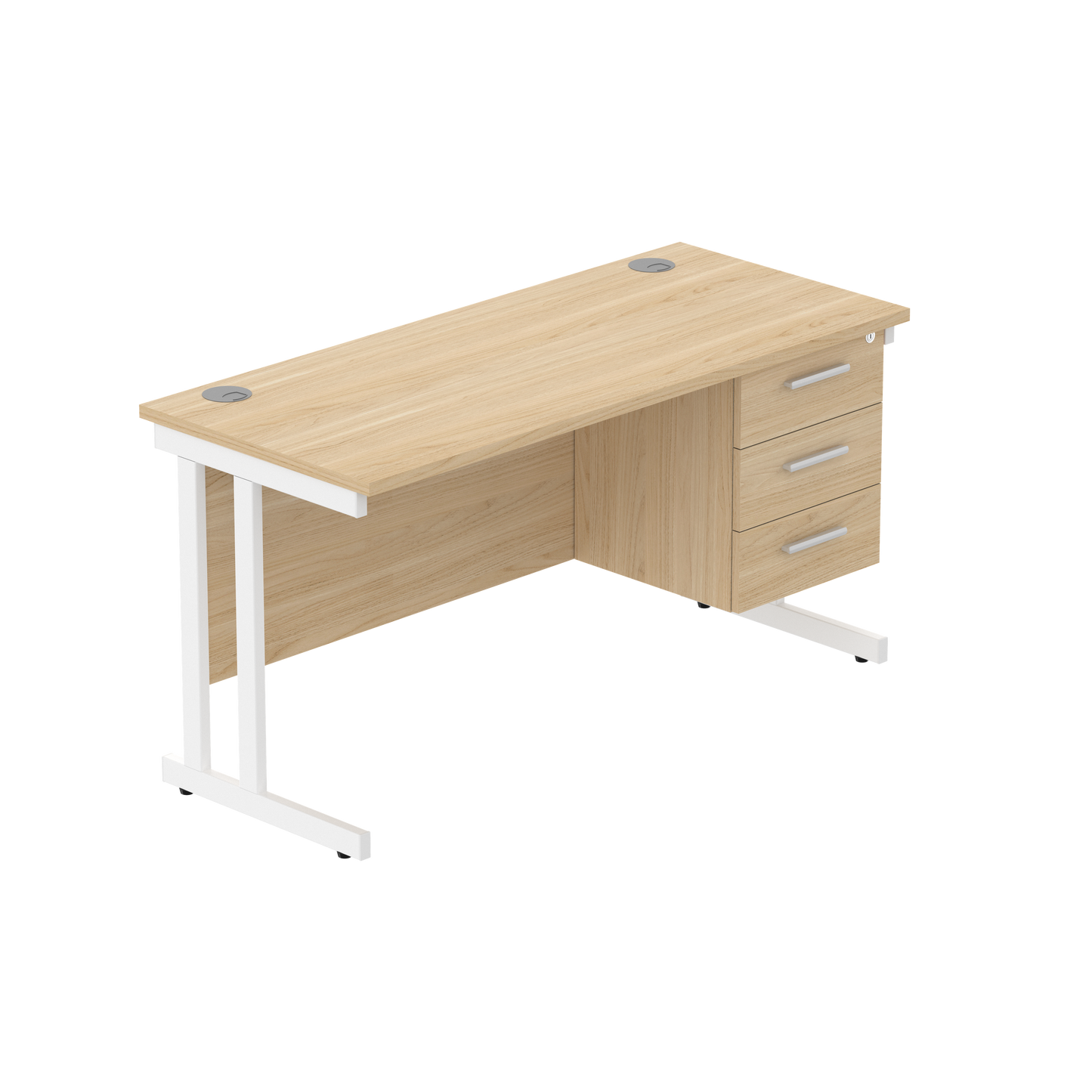 Office Rectangular Desk with Steel Double Upright Cantilever Legs + 3 Drawer Fixed Pedestal (FSC) | 1400X600 | Canadian Oak/White