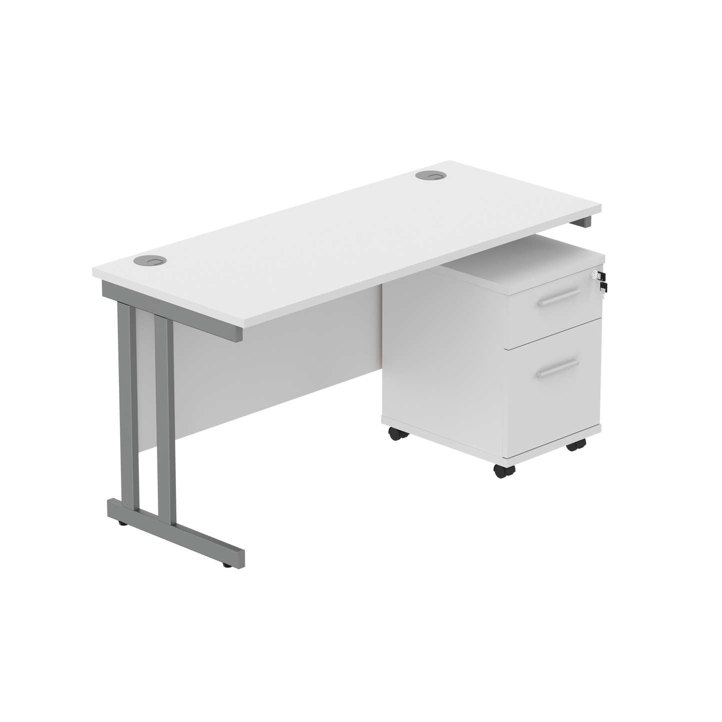 Double Upright Rectangular Desk + 2 Drawer Mobile Under Desk Pedestal (FSC) | 1400X600 | Arctic White/Graphite