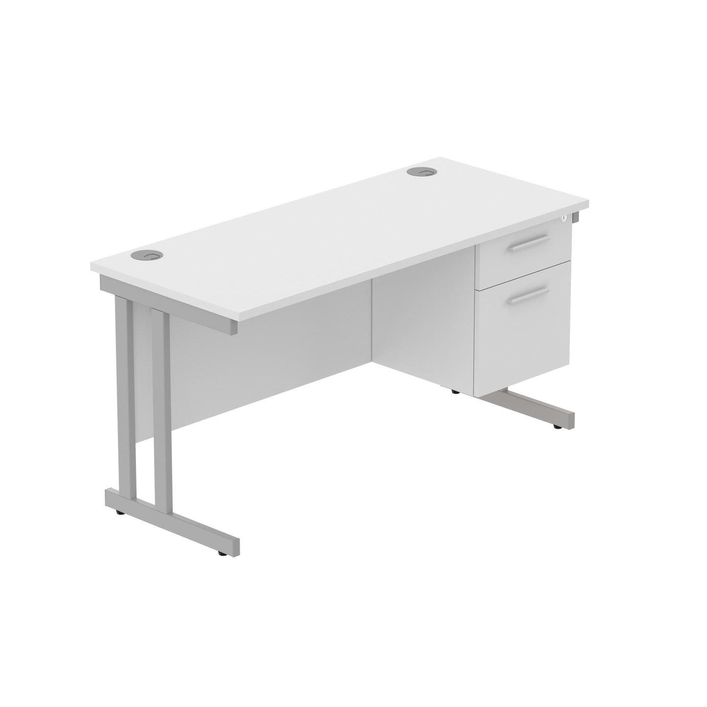 Office Rectangular Desk with Steel Double Upright Cantilever Legs + 2 Drawer Fixed Pedestal (FSC) | 1400X600 | Arctic White/Silver