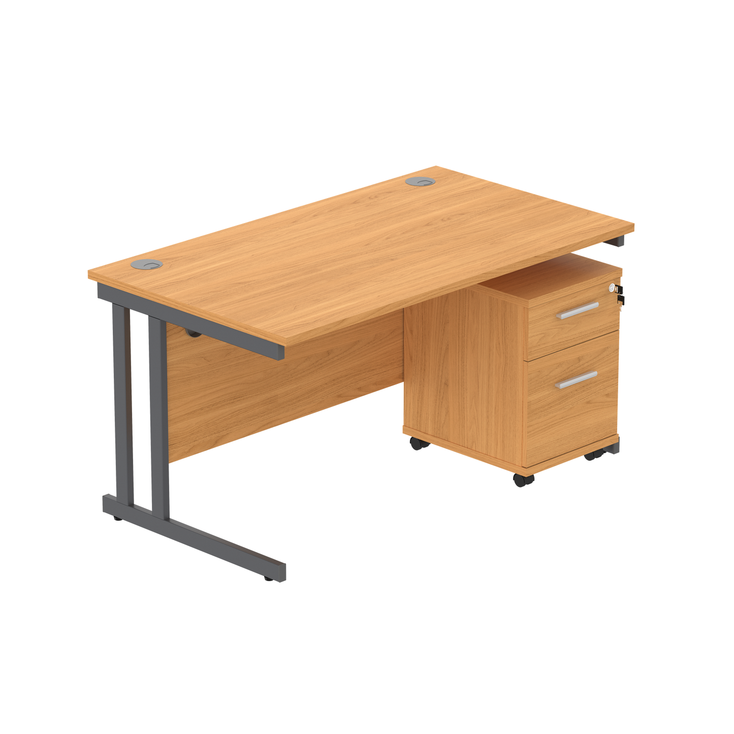 Double Upright Rectangular Desk + 2 Drawer Mobile Under Desk Pedestal (FSC) | 1400X800 | Norwegian Beech/Graphite