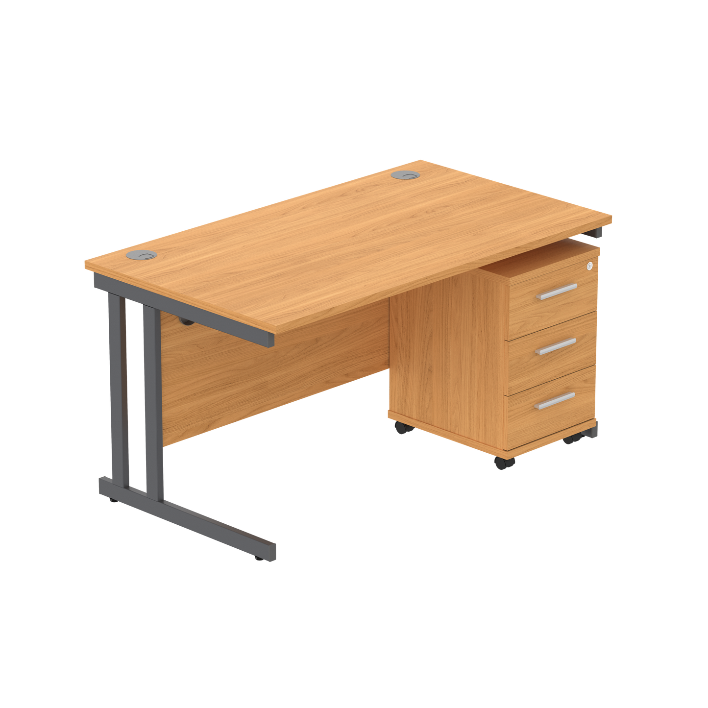 Double Upright Rectangular Desk + 3 Drawer Mobile Under Desk Pedestal (FSC) | 1400X800 | Norwegian Beech/Graphite
