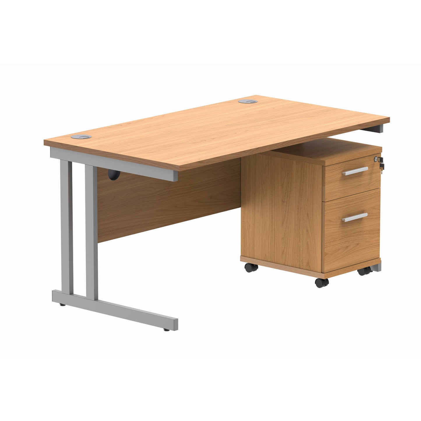 Double Upright Rectangular Desk + 2 Drawer Mobile Under Desk Pedestal (FSC) | 1400X800 | Norwegian Beech/Silver