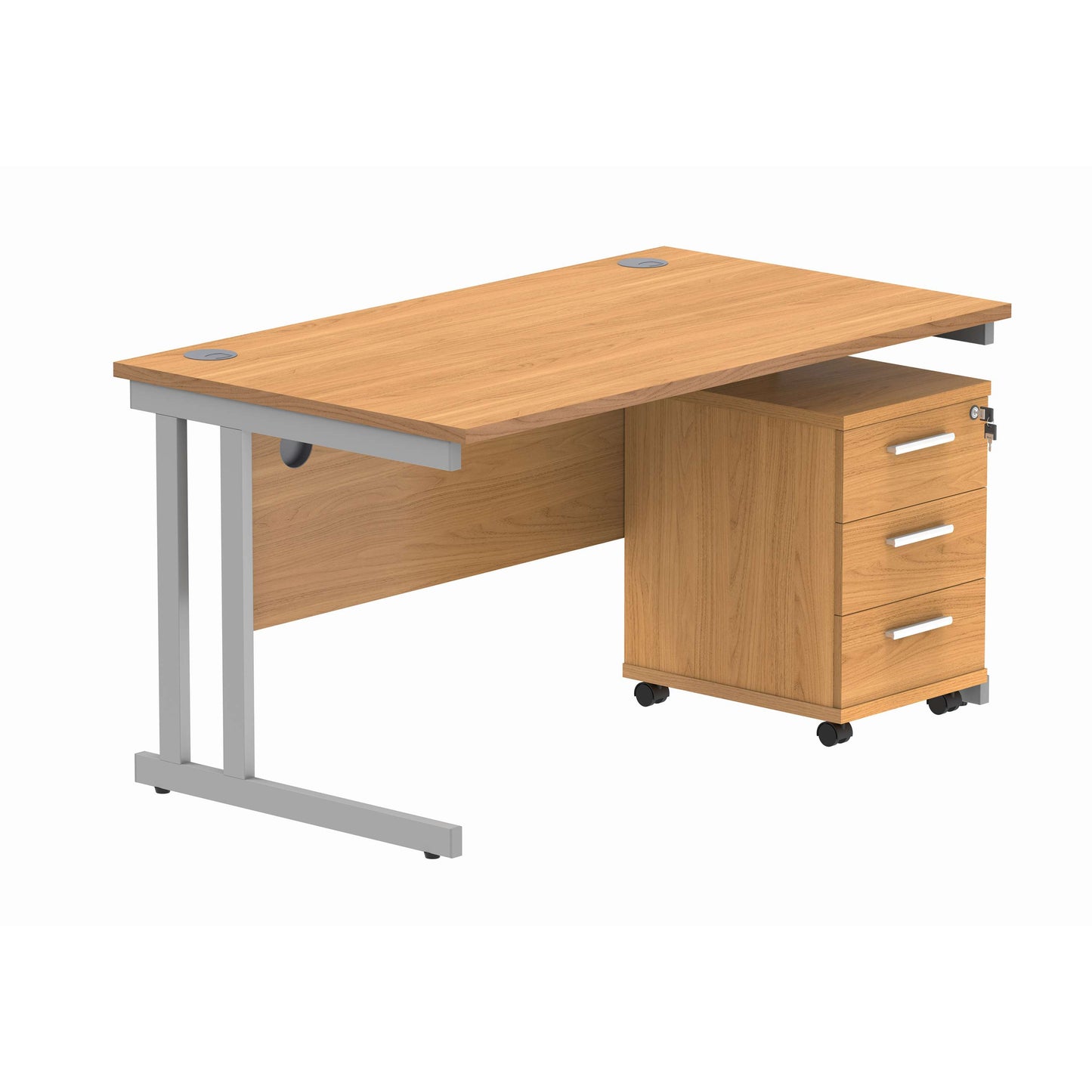 Double Upright Rectangular Desk + 3 Drawer Mobile Under Desk Pedestal (FSC) | 1400X800 | Norwegian Beech/Silver