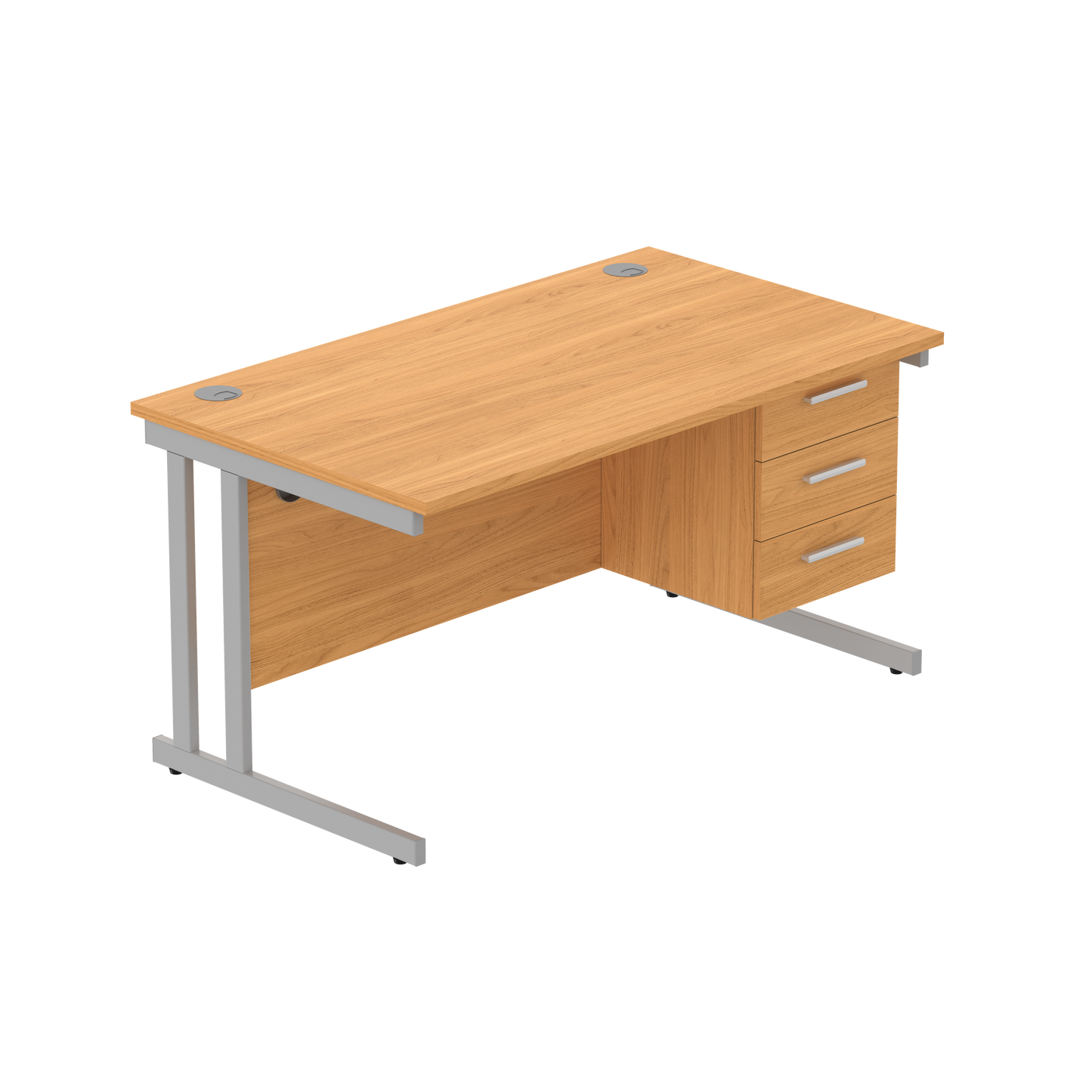 Office Rectangular Desk with Steel Double Upright Cantilever Legs + 3 Drawer Fixed Pedestal (FSC) | 1400X800 | Norwegian Beech/Silver