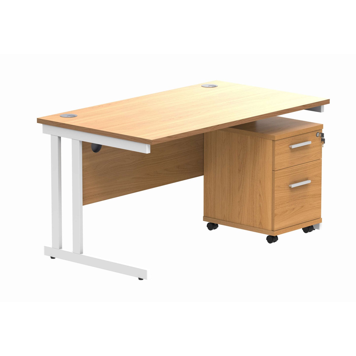 Double Upright Rectangular Desk + 2 Drawer Mobile Under Desk Pedestal (FSC) | 1400X800 | Norwegian Beech/White