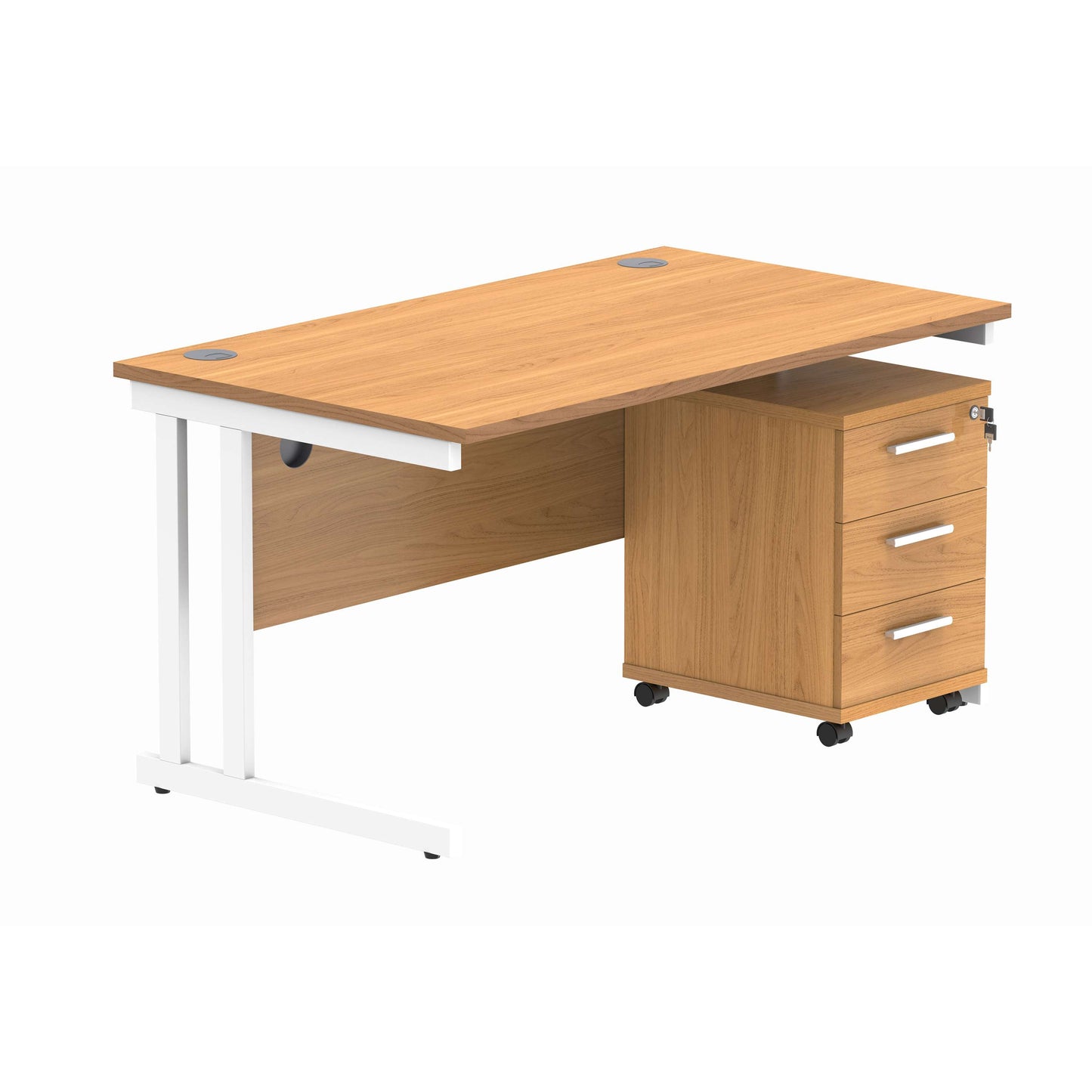 Double Upright Rectangular Desk + 3 Drawer Mobile Under Desk Pedestal (FSC) | 1400X800 | Norwegian Beech/White